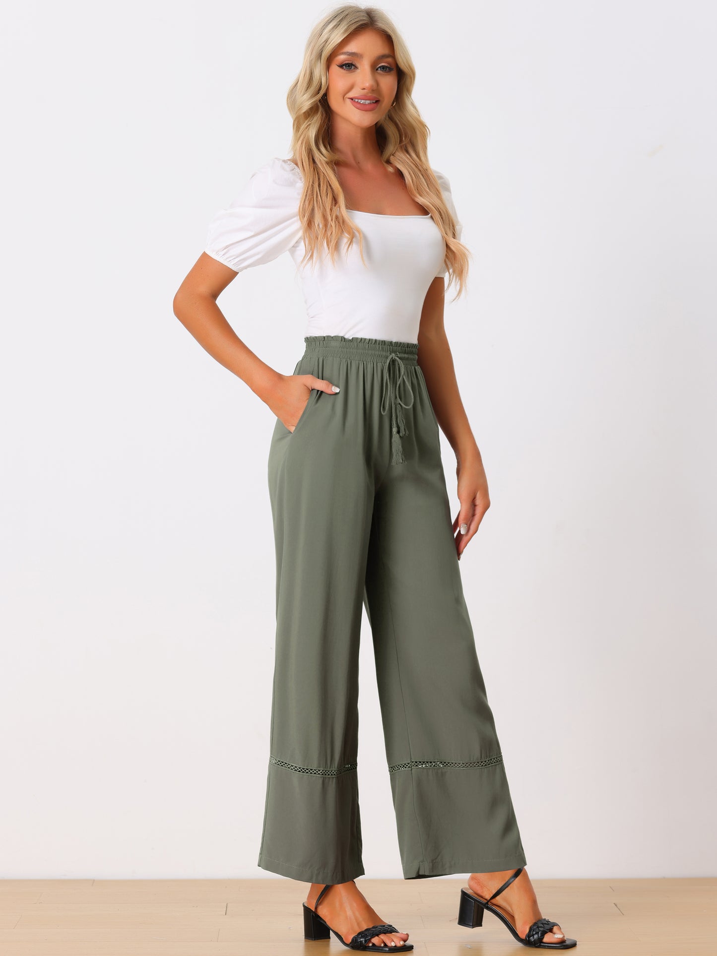 Women's Summer Casual Pants Loose High Waist Drawstring Wide Leg Palazzo Trousers with Pockets