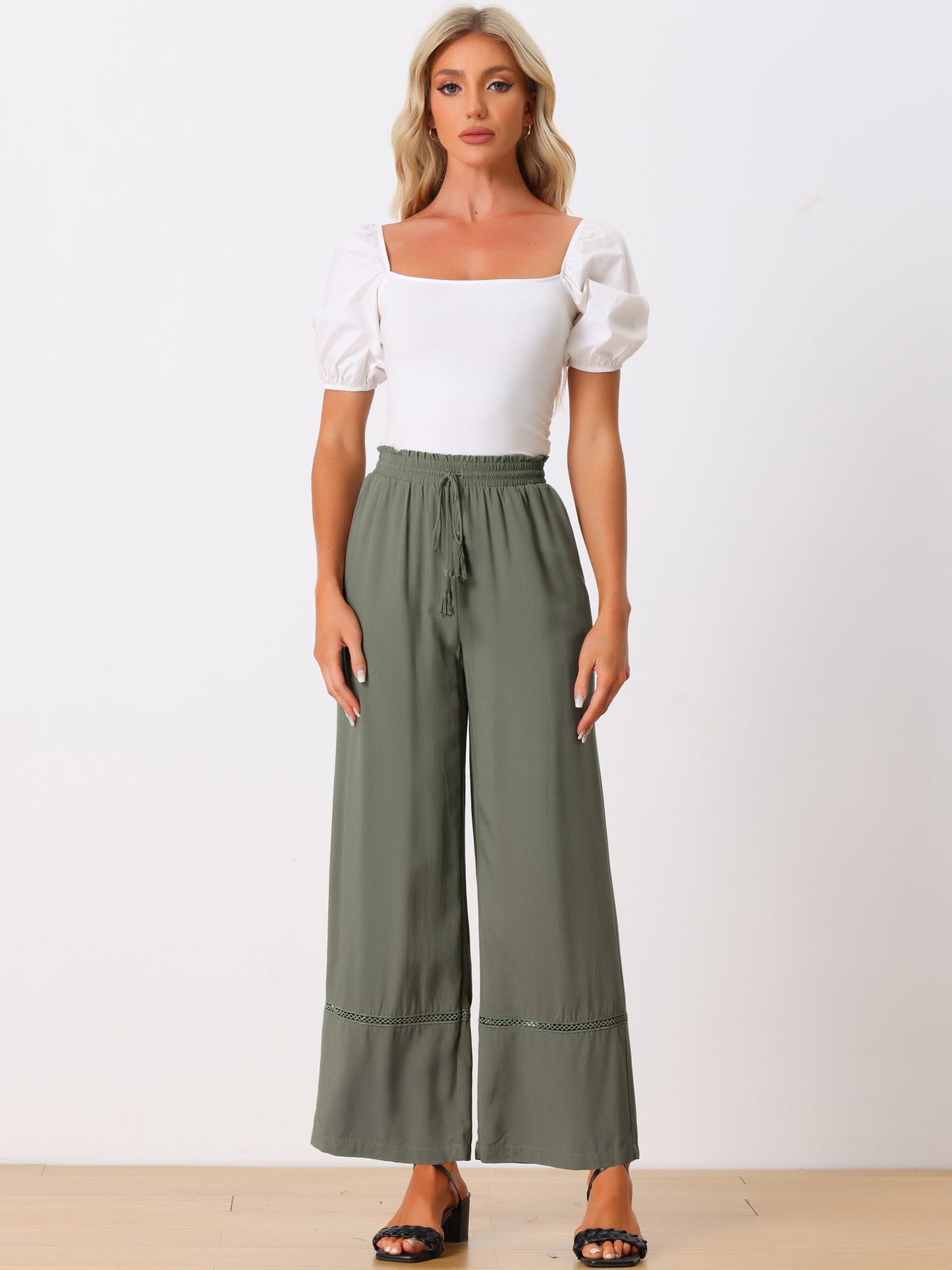 Women's Summer Casual Pants Loose High Waist Drawstring Wide Leg Palazzo Trousers with Pockets