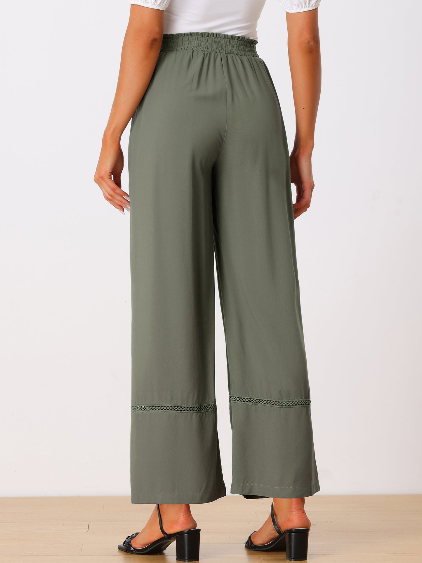 Women's Summer Casual Pants Loose High Waist Drawstring Wide Leg Palazzo Trousers with Pockets