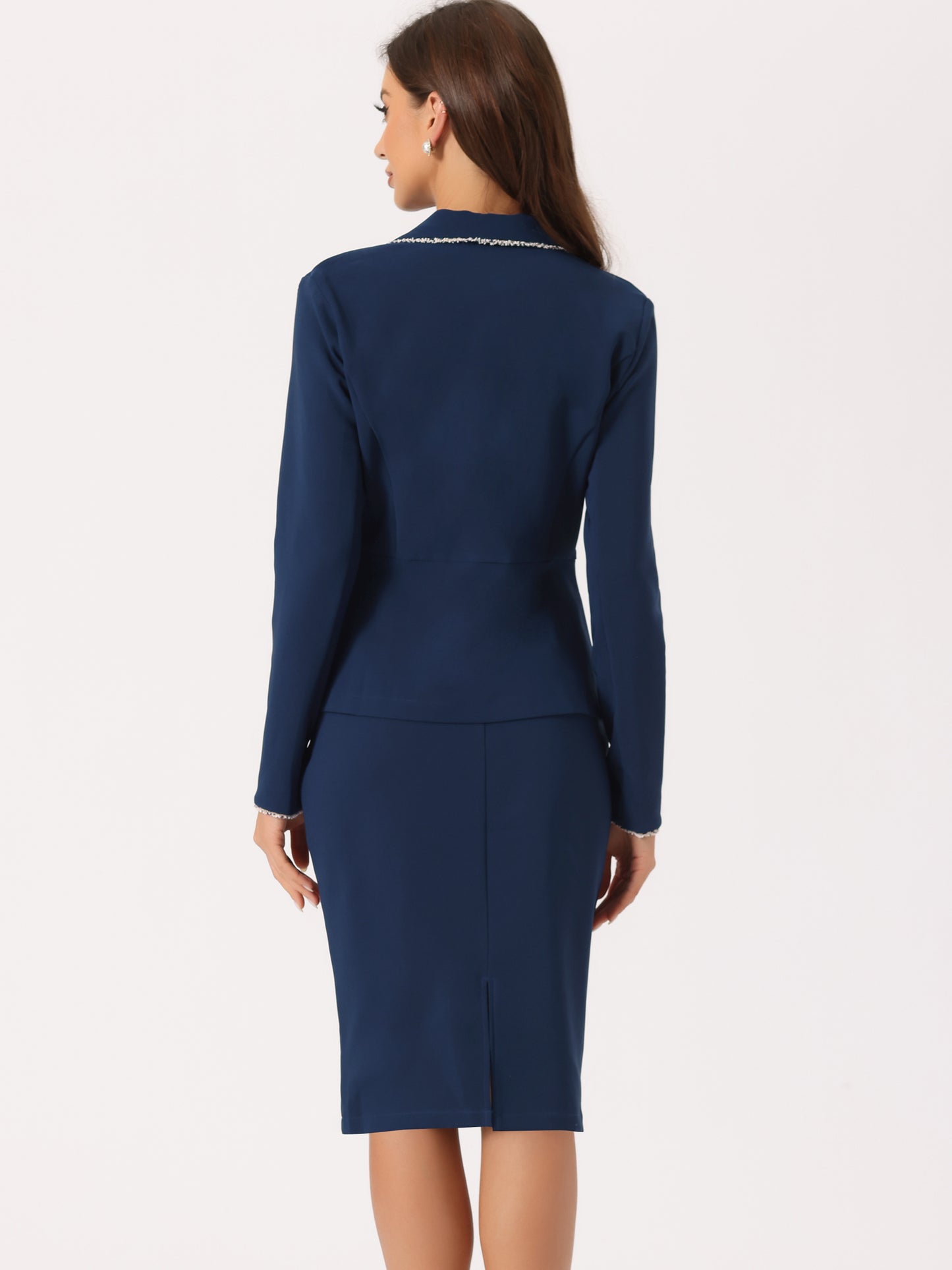 Women's 2 Piece Suit Skirt Set Tweed Trim Blazer Knee Length Pencil Skirt Business Office Wear