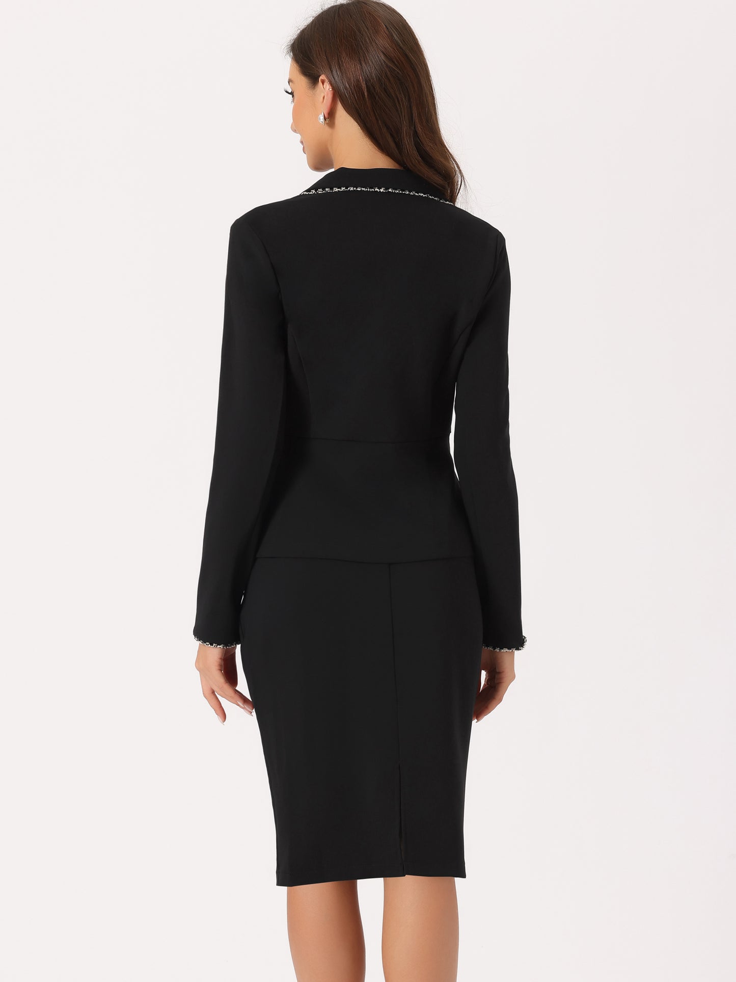 Women's 2 Piece Suit Skirt Set Tweed Trim Blazer Knee Length Pencil Skirt Business Office Wear