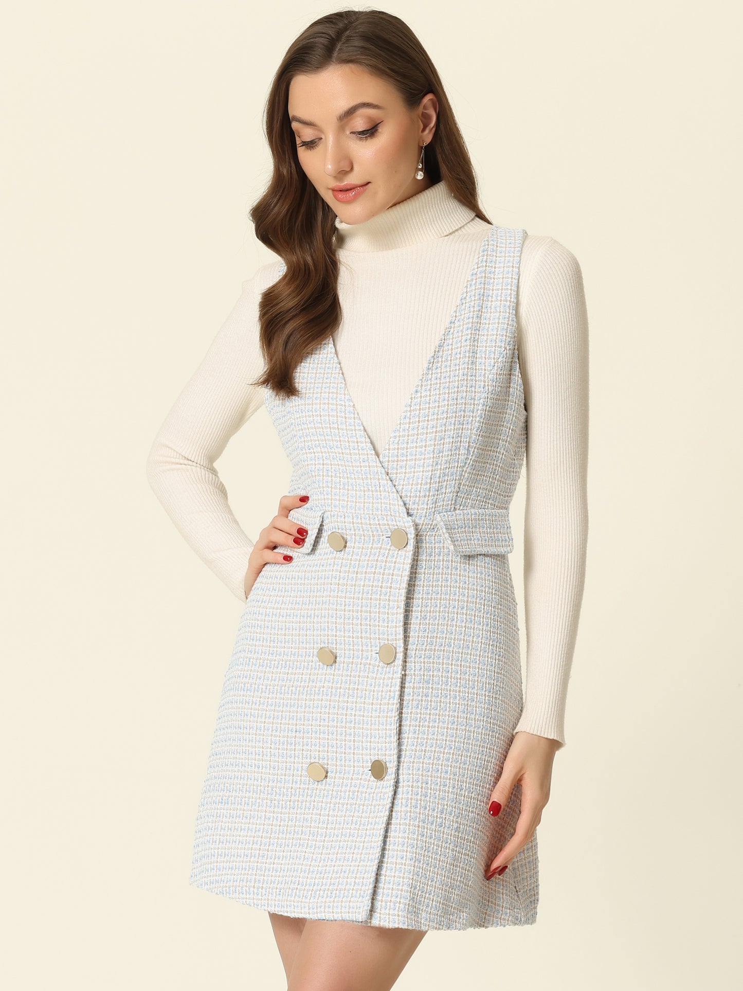 Women's Elegant Retro Button Front V Neck Plaid Tweed Overalls Pinafore Dress