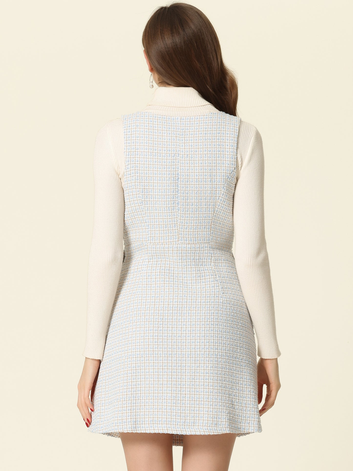 Women's Elegant Retro Button Front V Neck Plaid Tweed Overalls Pinafore Dress