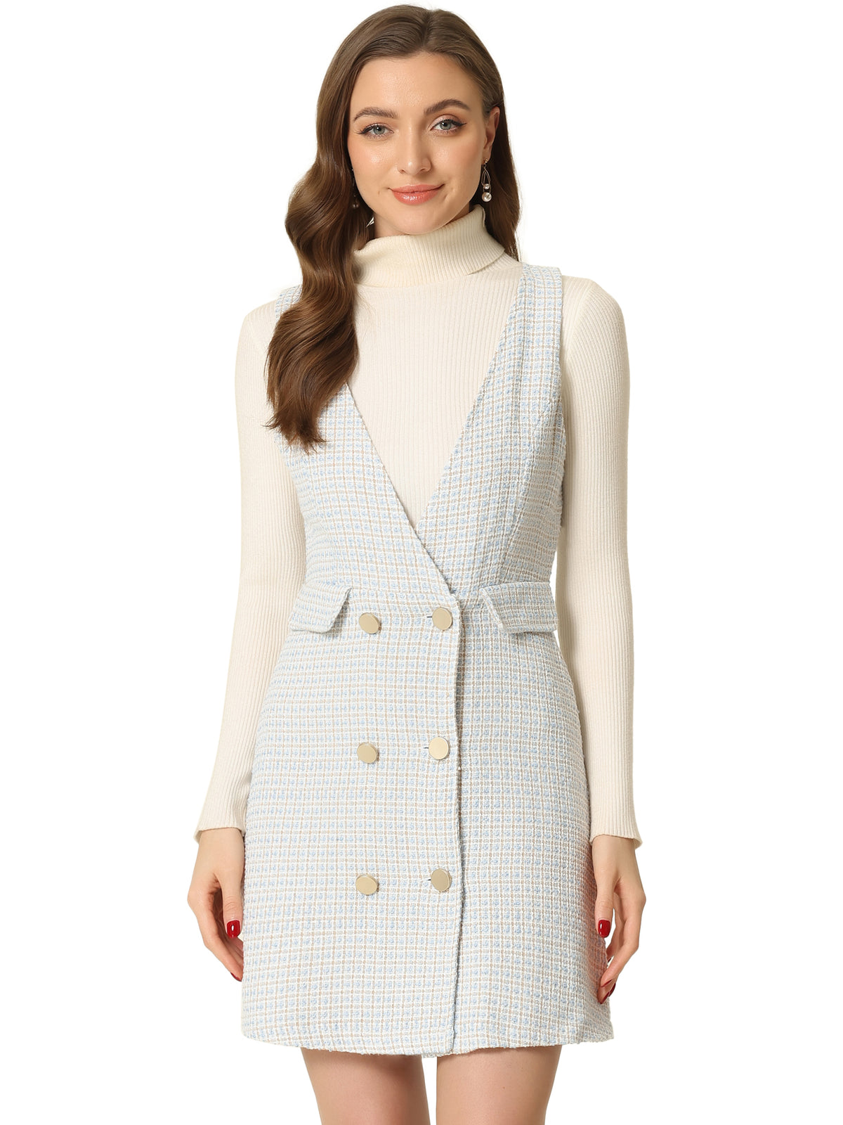 Women's Elegant Retro Button Front V Neck Plaid Tweed Overalls Pinafore Dress