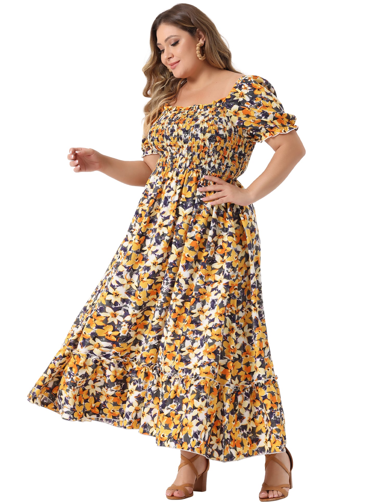 Women Plus Size Short Sleeve Shirred Square Neck Floral Maxi Long Dress