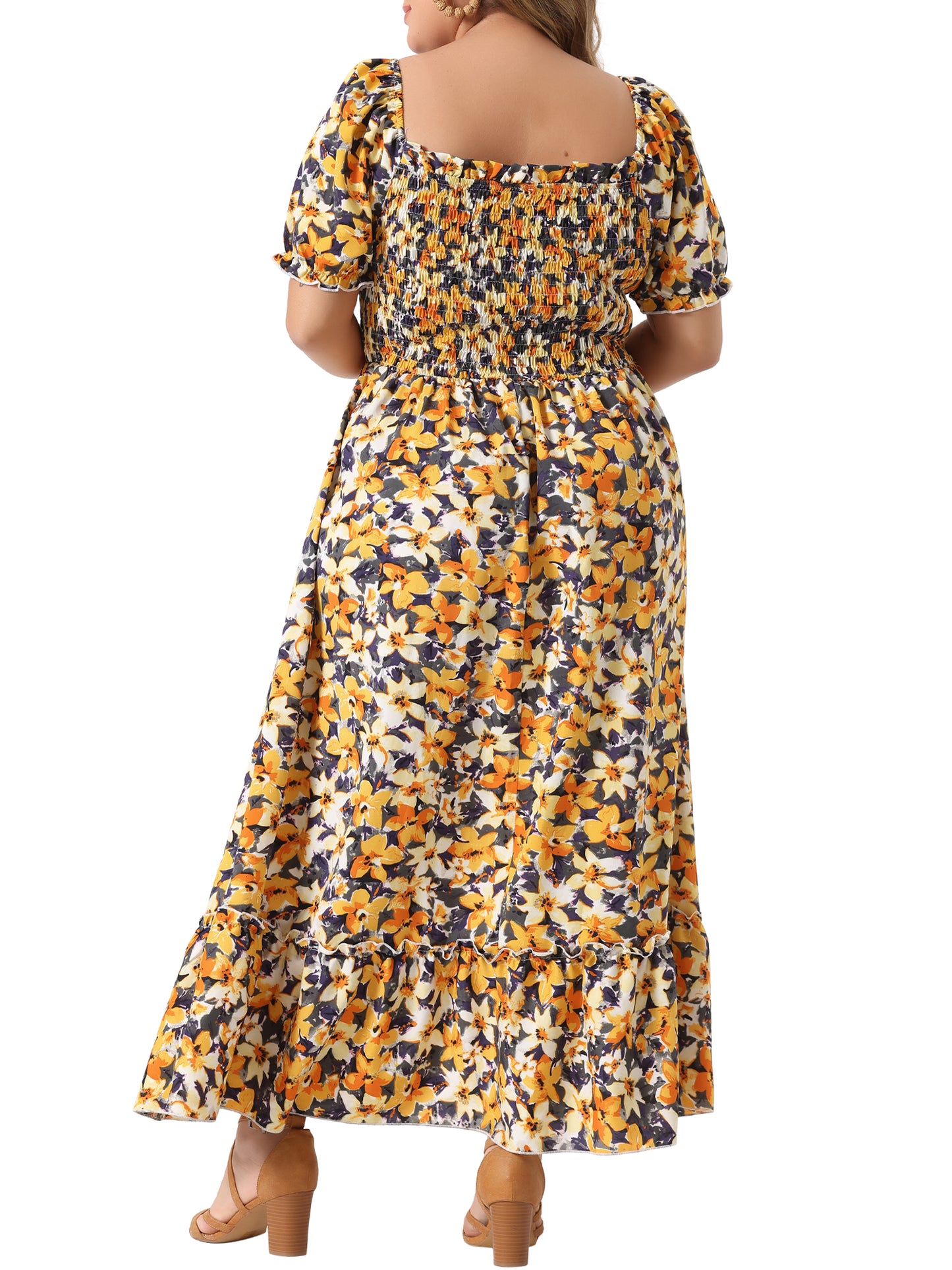 Women Plus Size Short Sleeve Shirred Square Neck Floral Maxi Long Dress