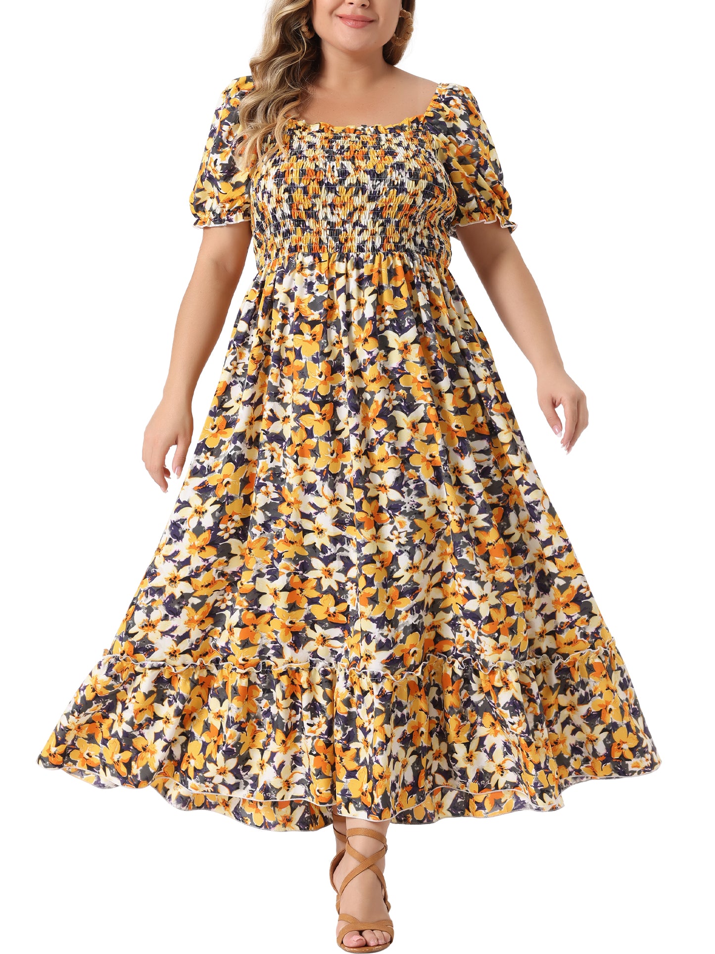 Women Plus Size Short Sleeve Shirred Square Neck Floral Maxi Long Dress