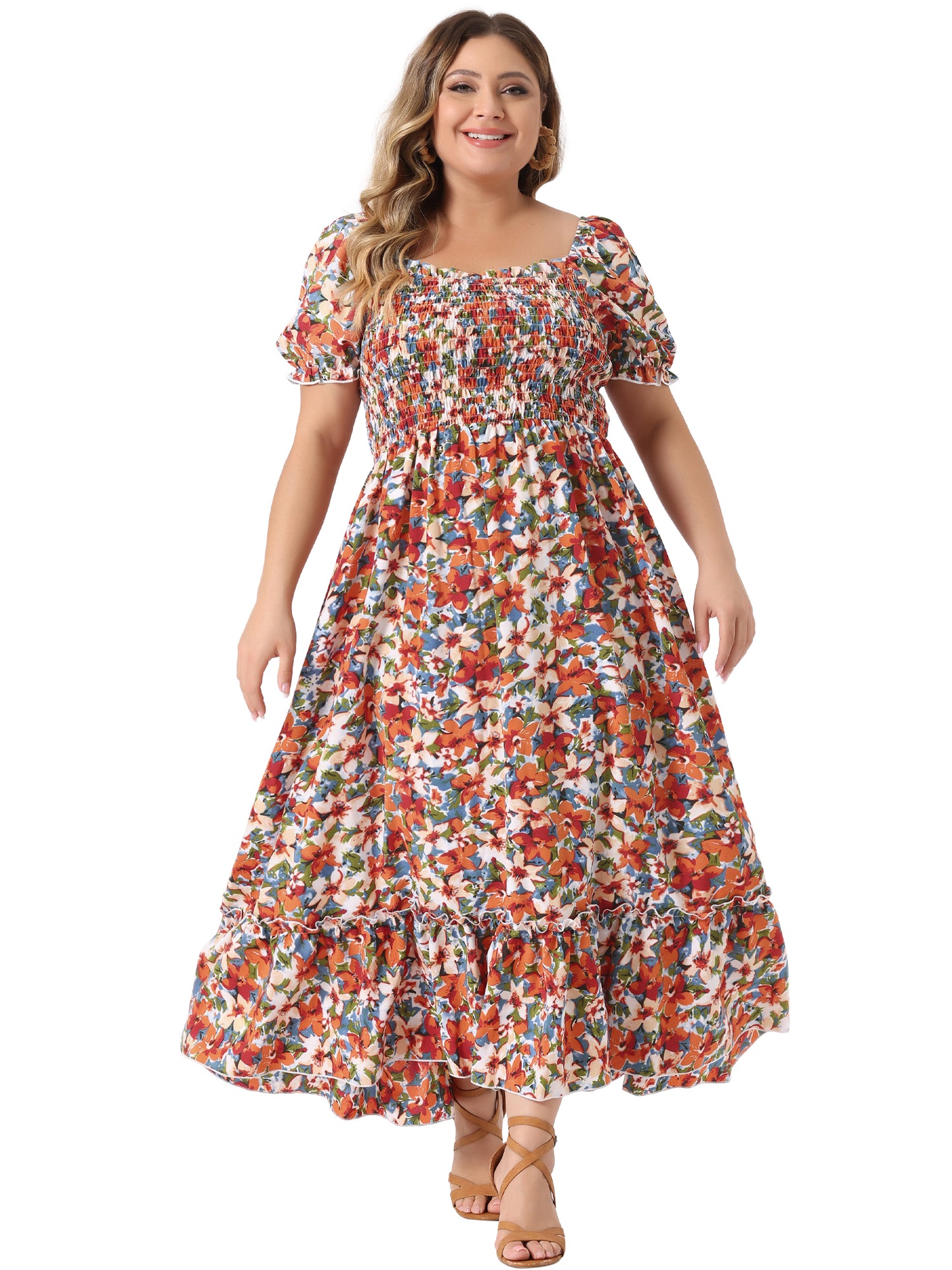 Women Plus Size Short Sleeve Shirred Square Neck Floral Maxi Long Dress