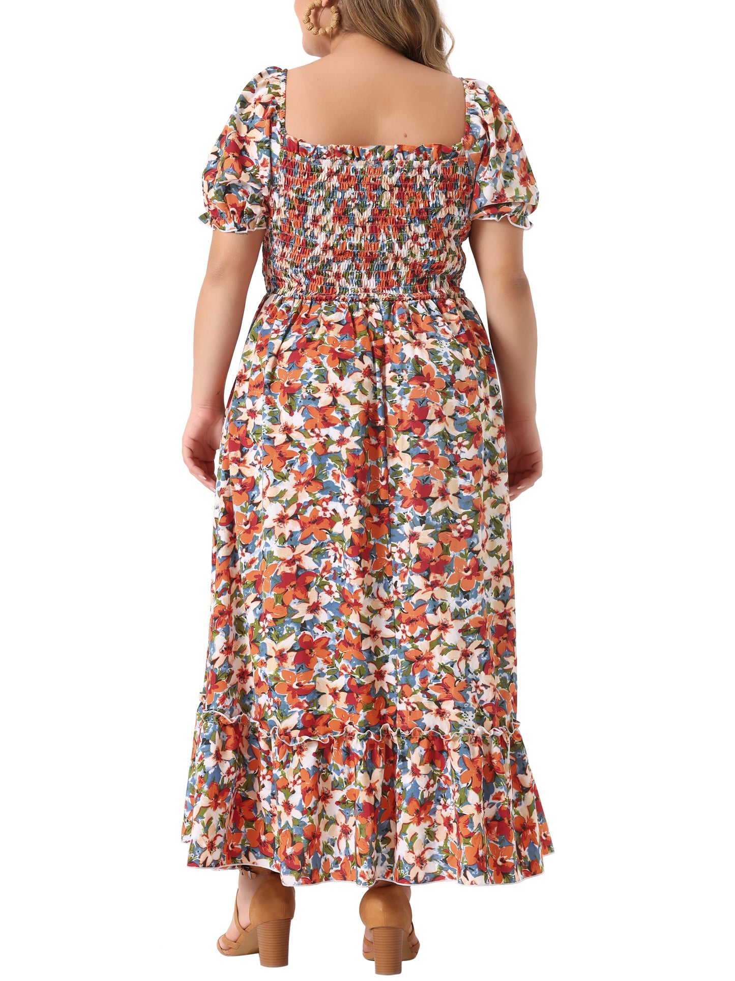 Women Plus Size Short Sleeve Shirred Square Neck Floral Maxi Long Dress