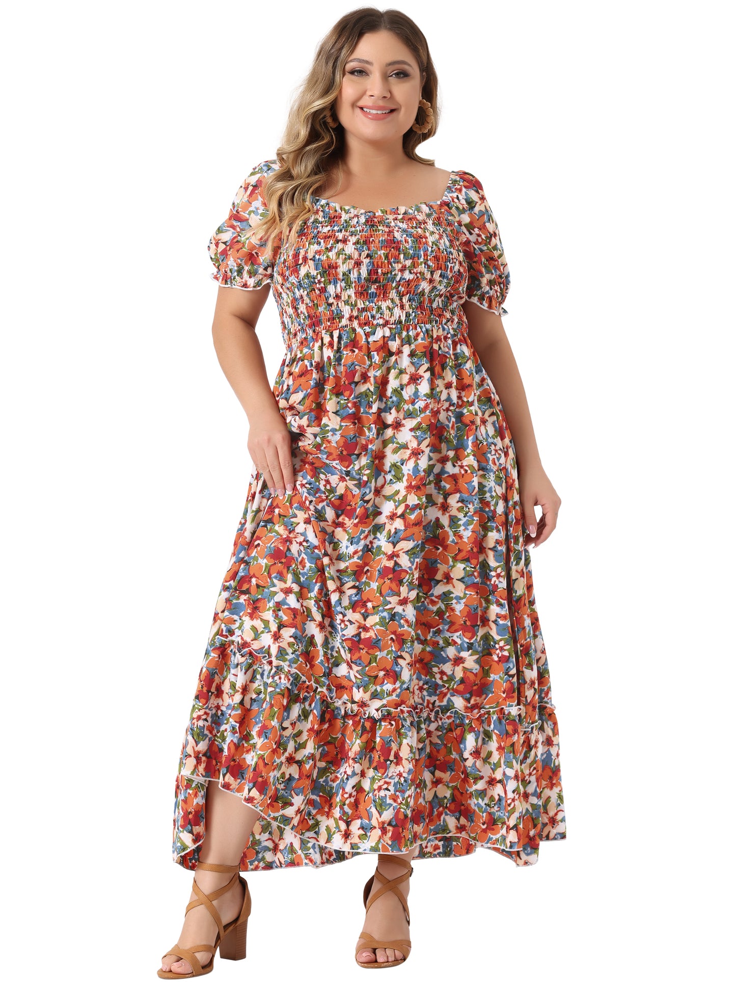 Women Plus Size Short Sleeve Shirred Square Neck Floral Maxi Long Dress