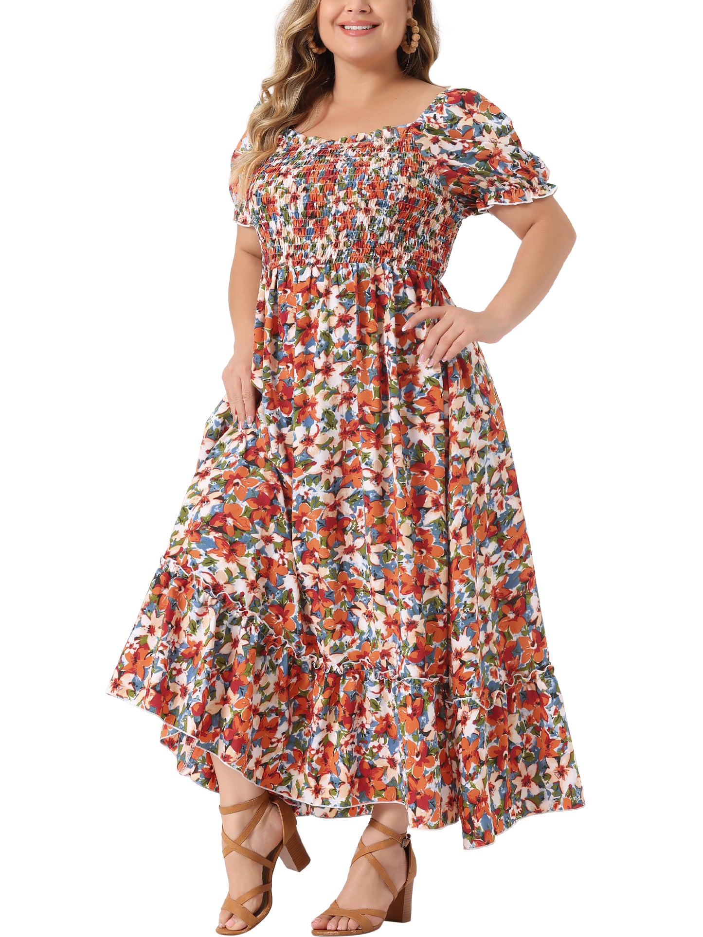 Women Plus Size Short Sleeve Shirred Square Neck Floral Maxi Long Dress