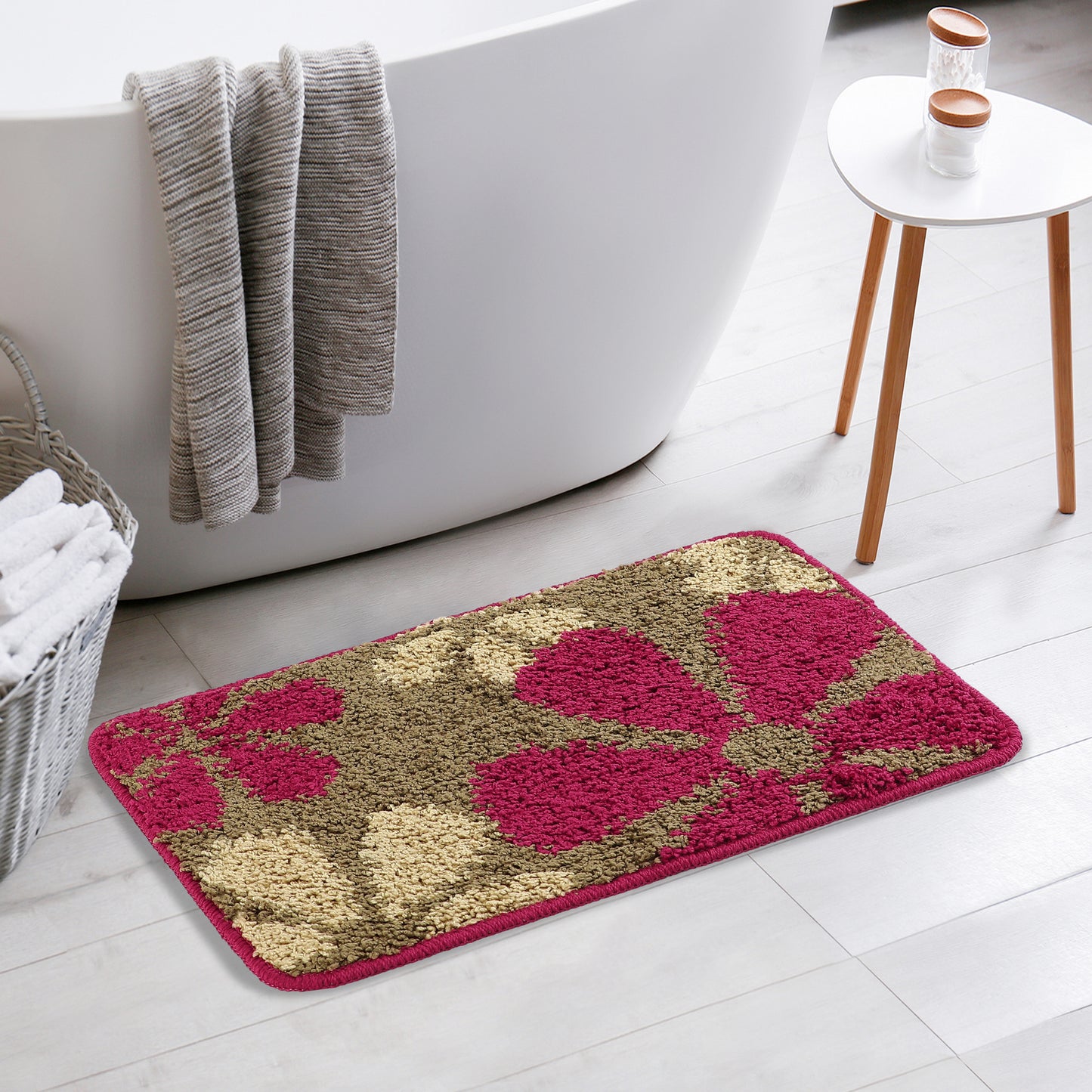 Floral Bath Mat, Plush Shaggy Bathroom Rug, Checked Washable Bath Carpet