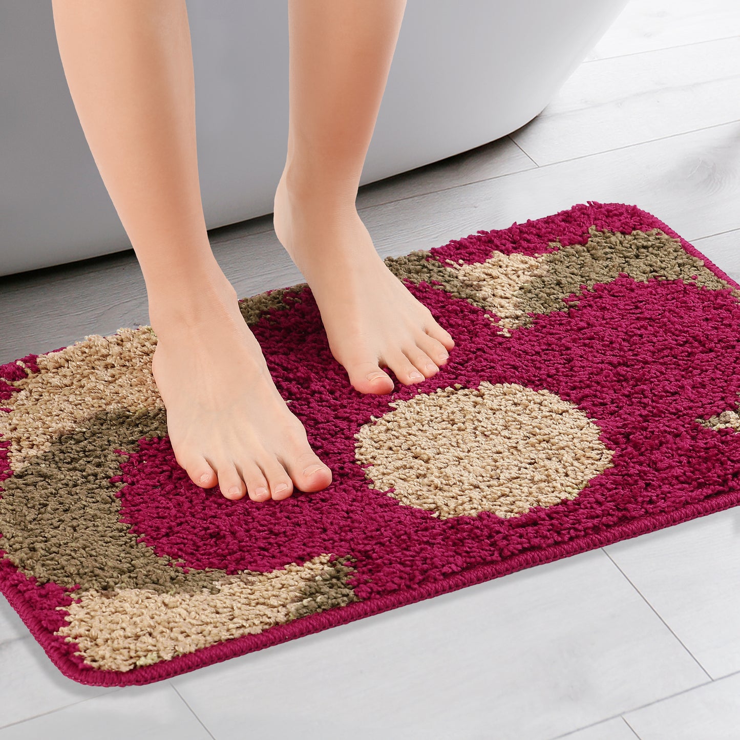 Floral Bath Mat, Plush Shaggy Bathroom Rug, Checked Washable Bath Carpet