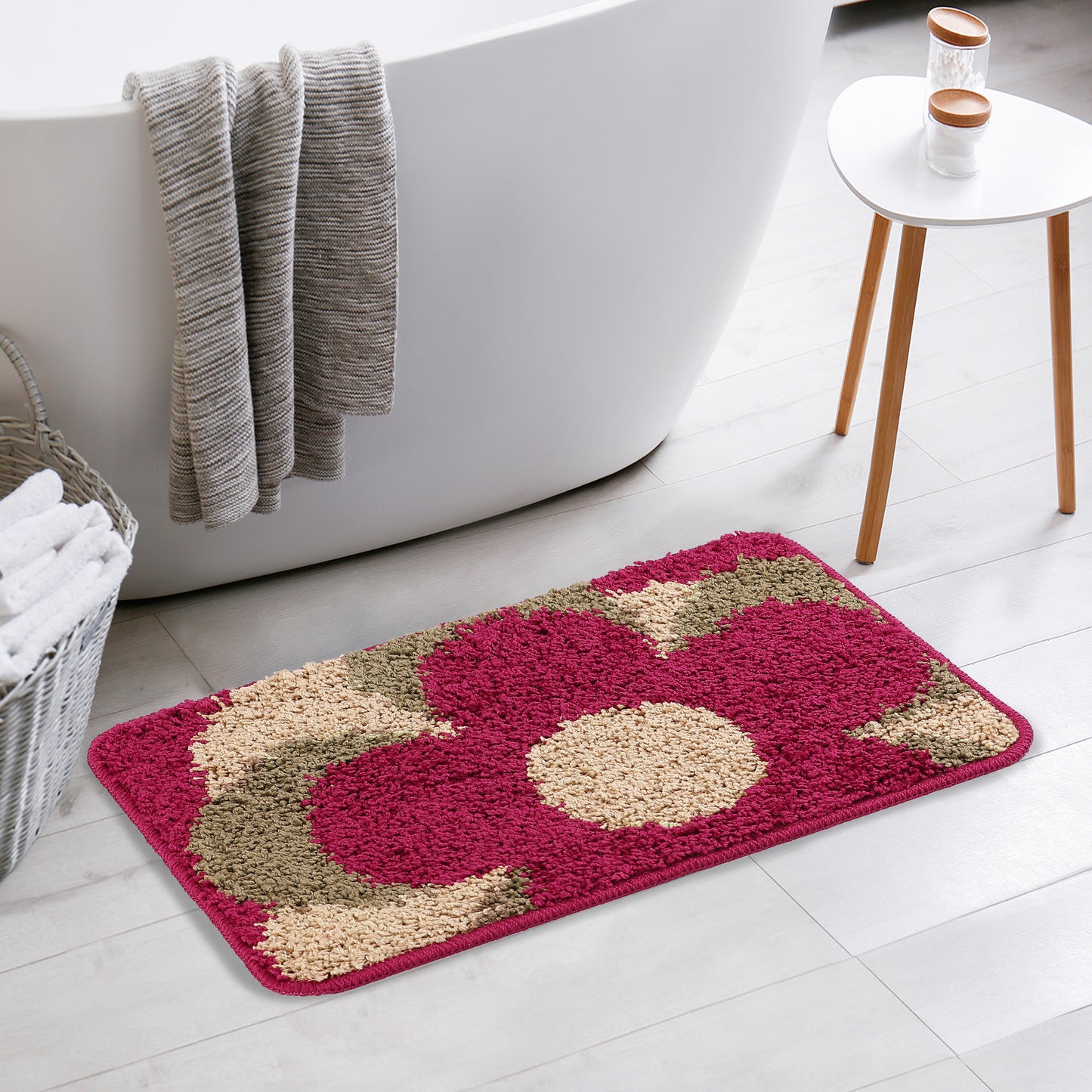 Floral Bath Mat, Plush Shaggy Bathroom Rug, Checked Washable Bath Carpet