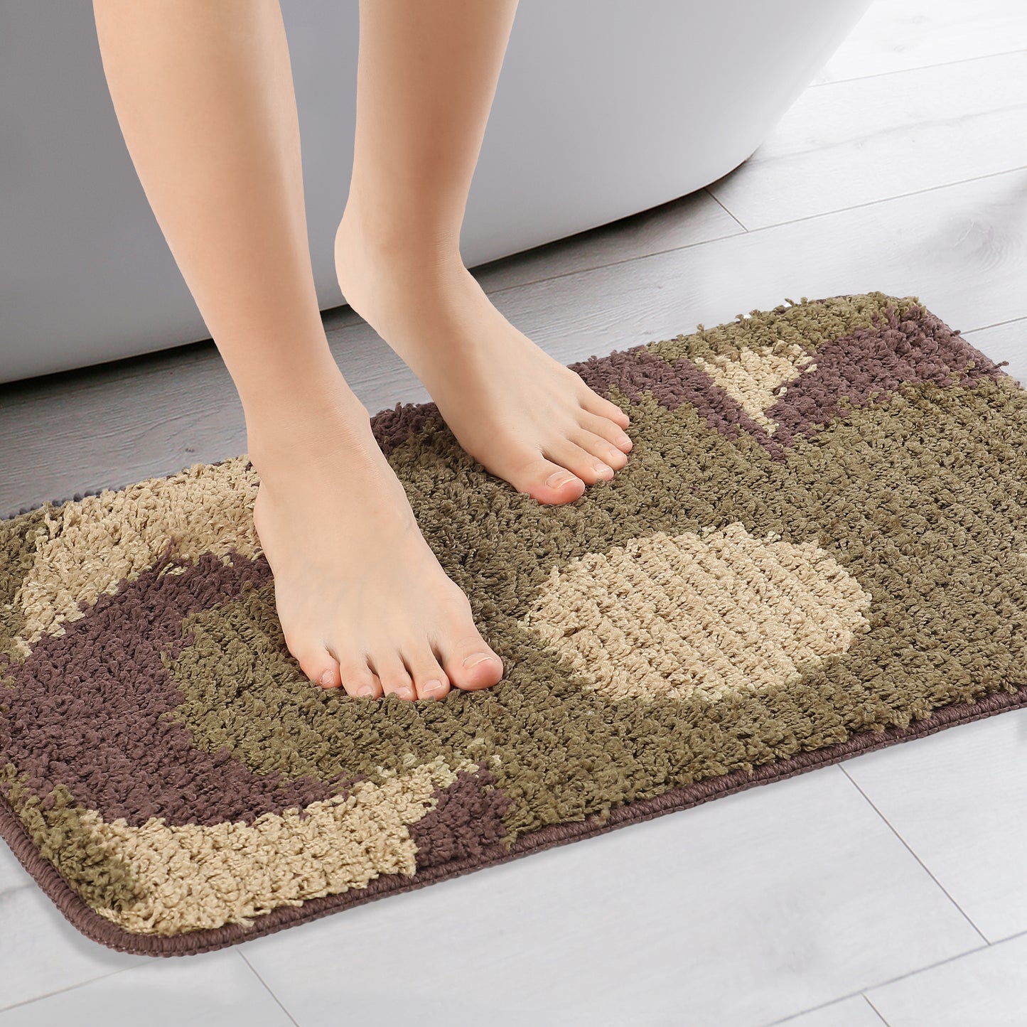 Floral Bath Mat, Plush Shaggy Bathroom Rug, Checked Washable Bath Carpet