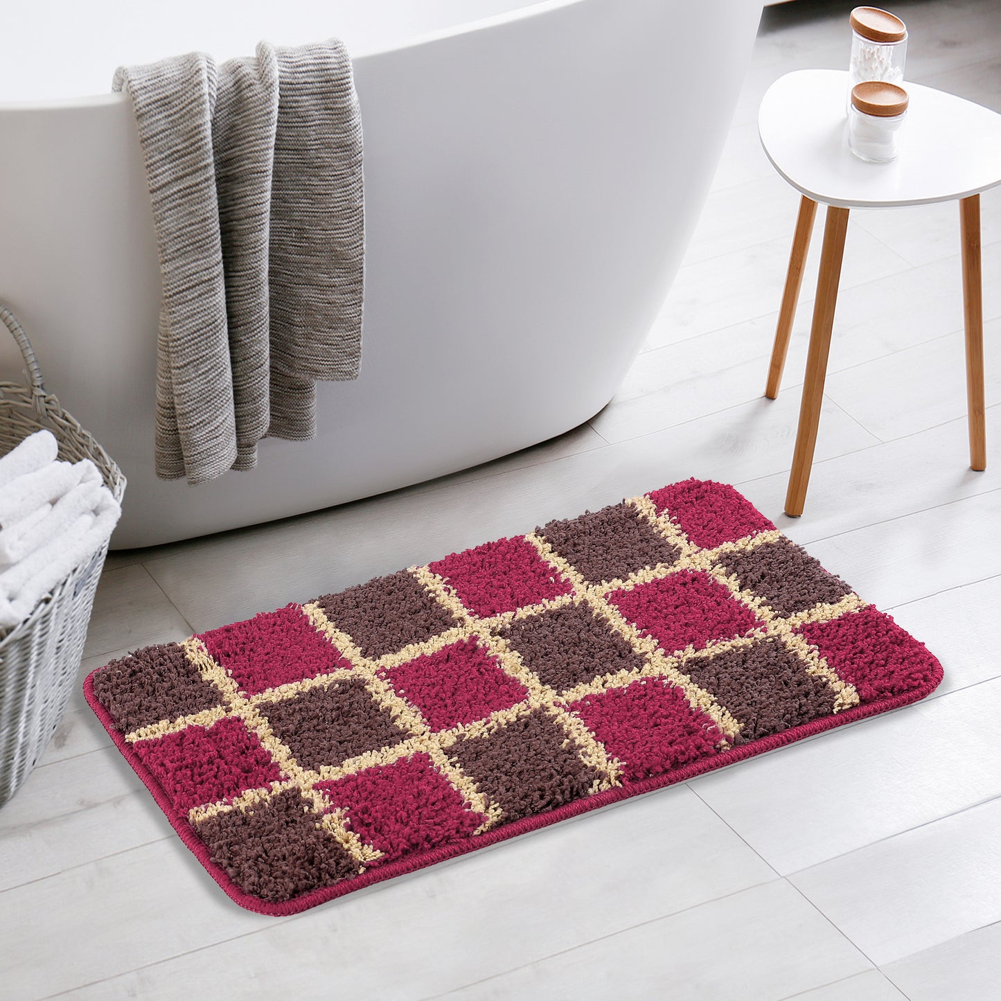 Floral Bath Mat, Plush Shaggy Bathroom Rug, Checked Washable Bath Carpet