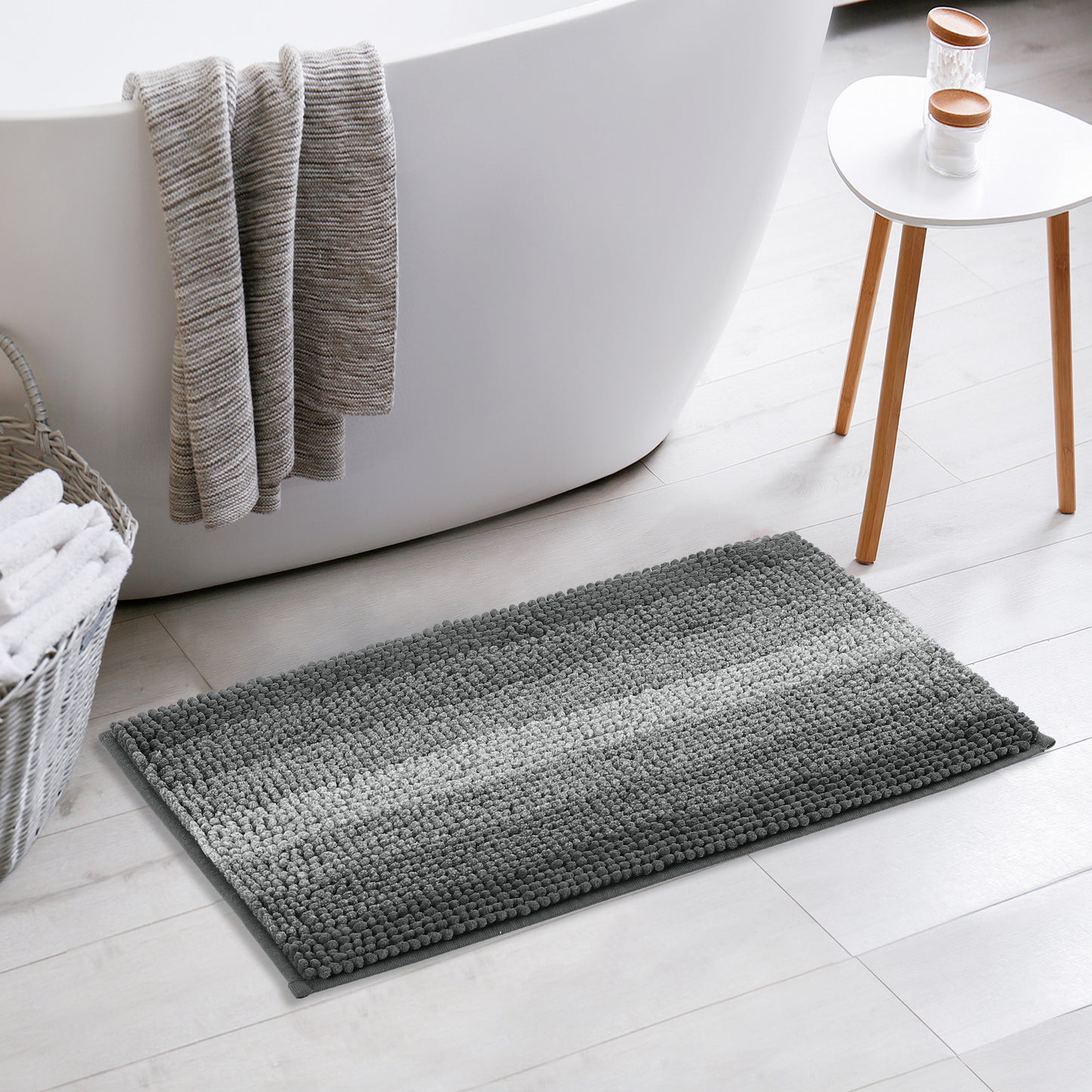 Contrasting Color Striped Bathroom Rugs, Non-Slip Plush Shaggy Bath Mats