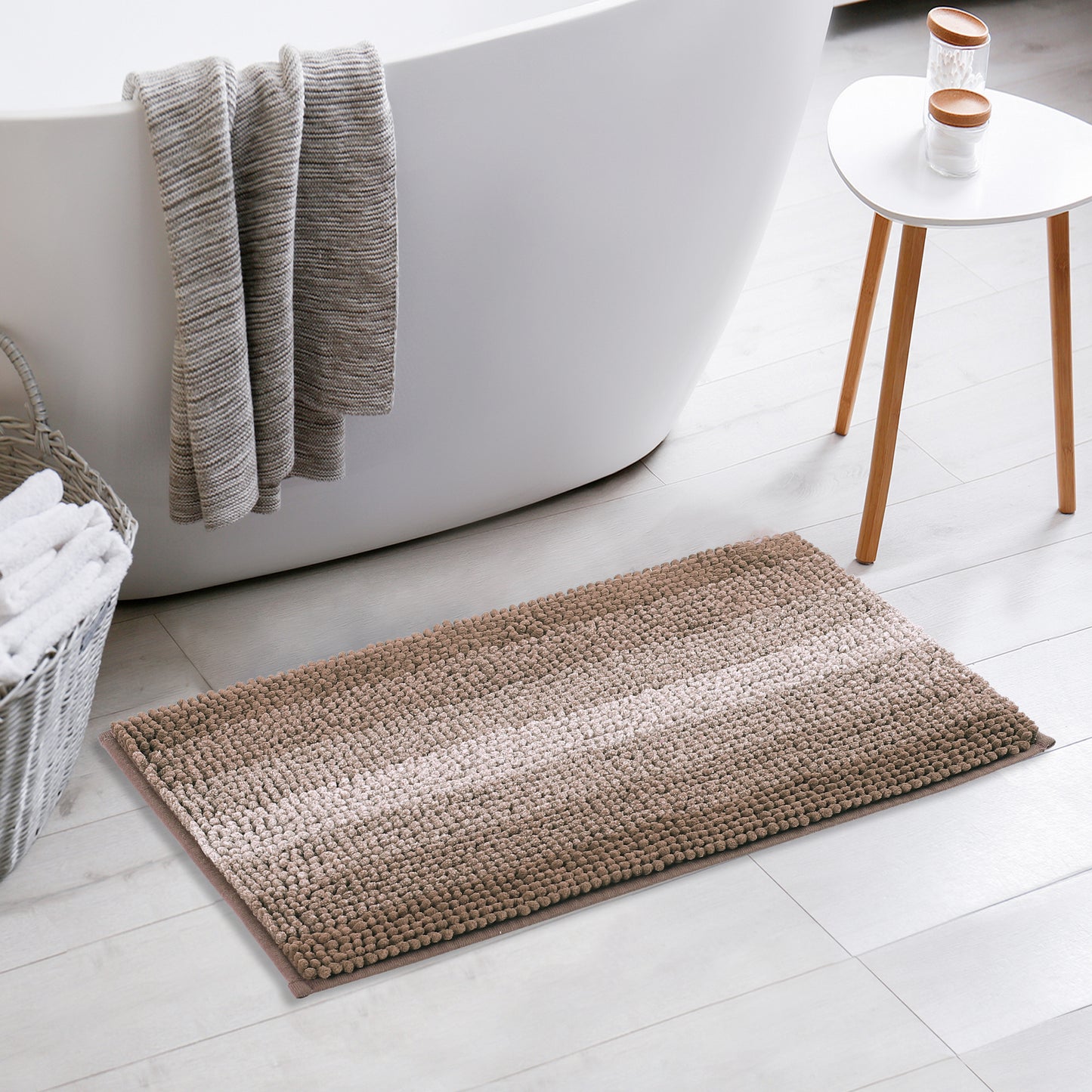 Contrasting Color Striped Bathroom Rugs, Non-Slip Plush Shaggy Bath Mats
