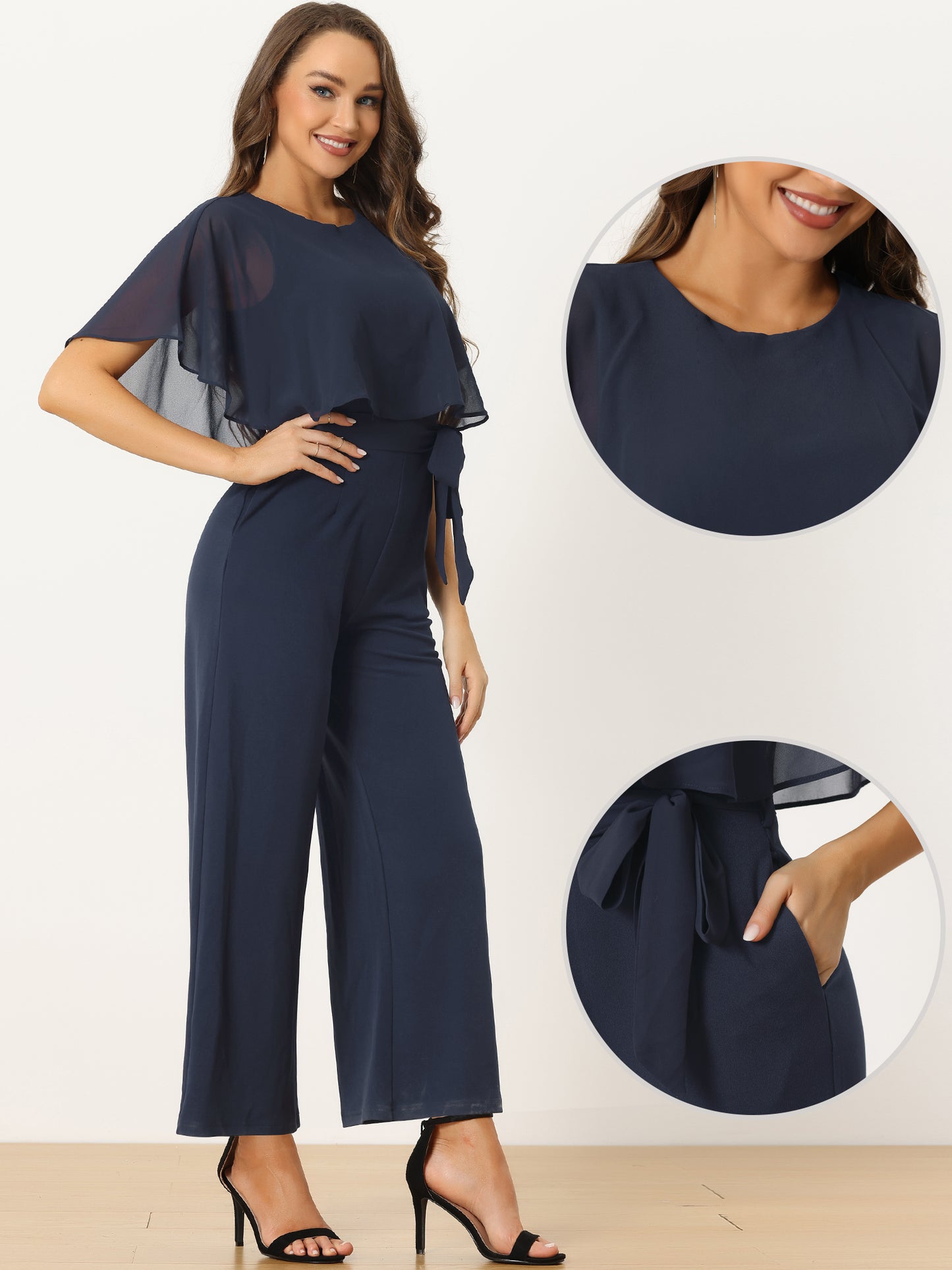 Women's Dressy Casual Tie Waist Wide Leg Pants Ruffle Sleeve Jumpsuit