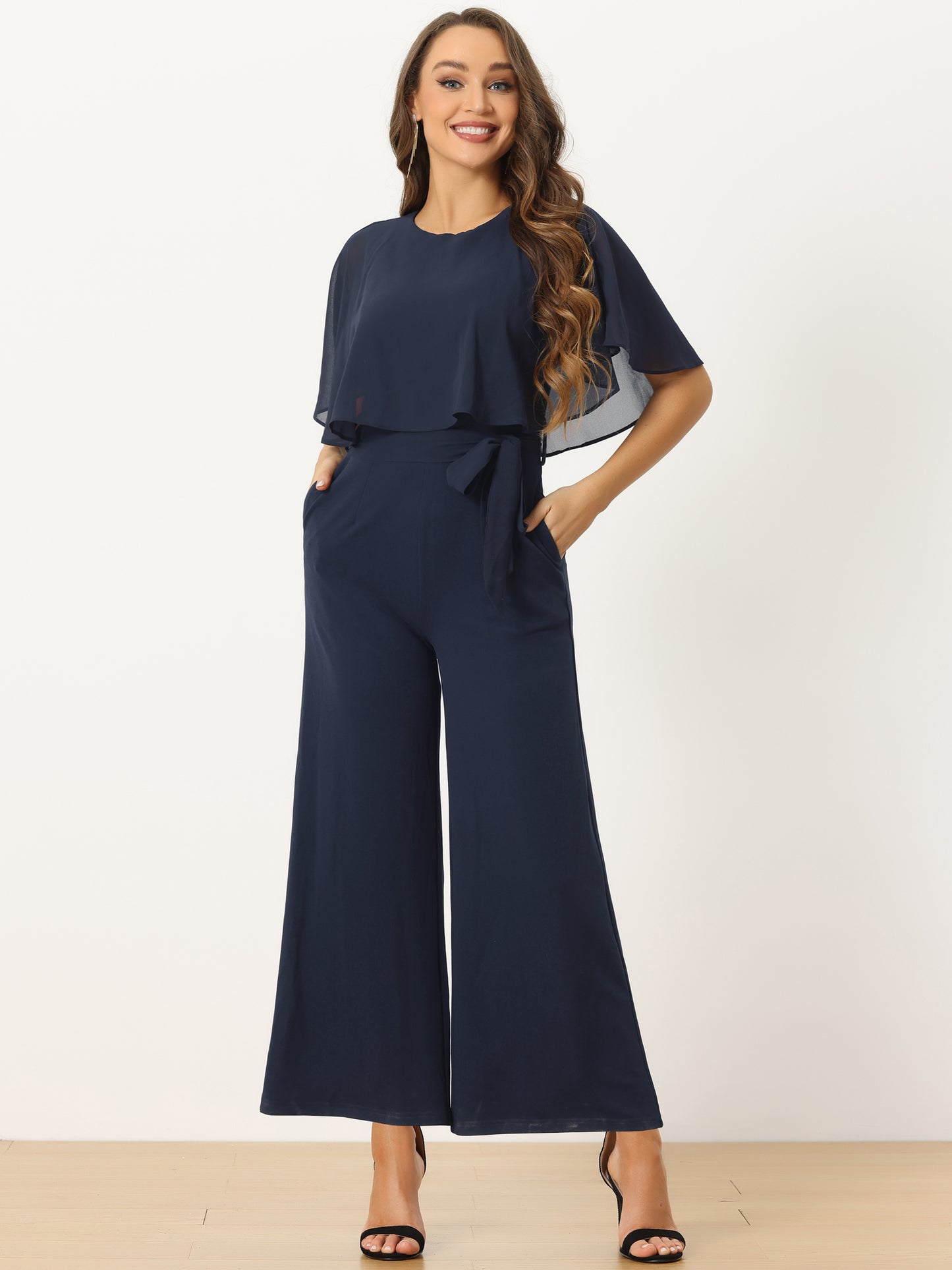 Women's Dressy Casual Tie Waist Wide Leg Pants Ruffle Sleeve Jumpsuit