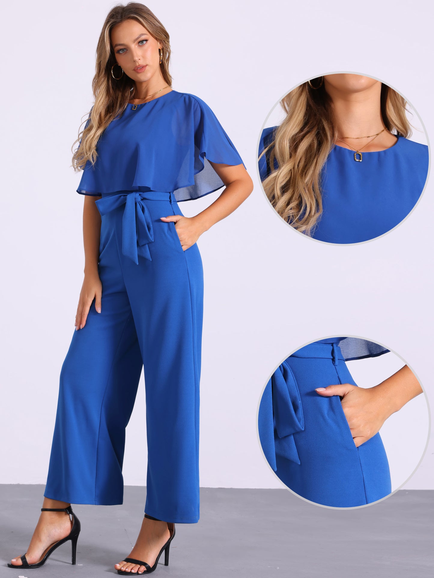 Women's Dressy Casual Tie Waist Wide Leg Pants Ruffle Sleeve Jumpsuit