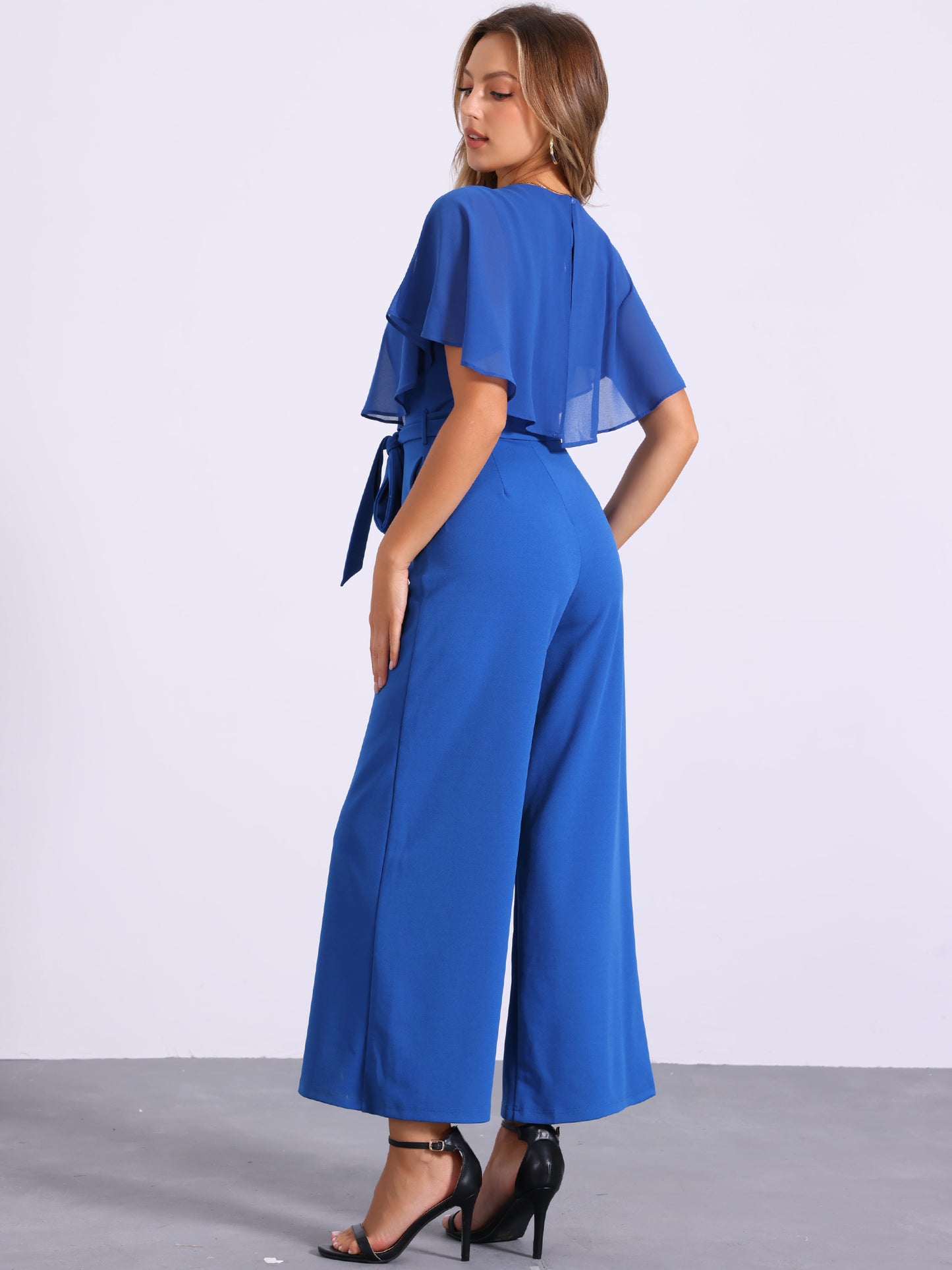 Women's Dressy Casual Tie Waist Wide Leg Pants Ruffle Sleeve Jumpsuit