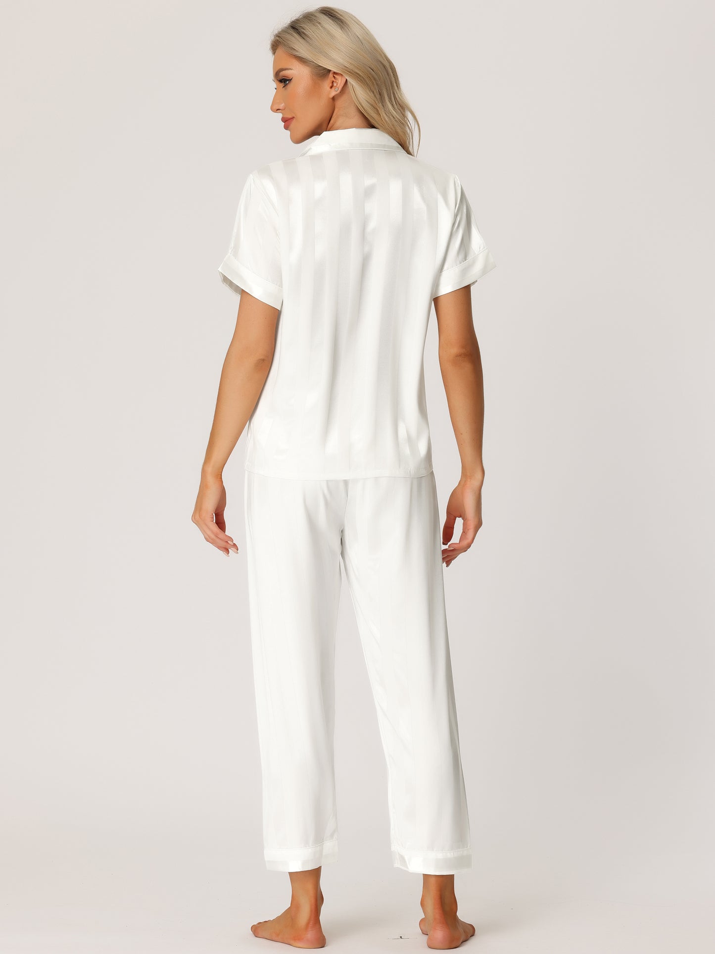 Women's Satin Button Down Sleepwear Striped Short Sleeve Long Pants Silky Pajama Set