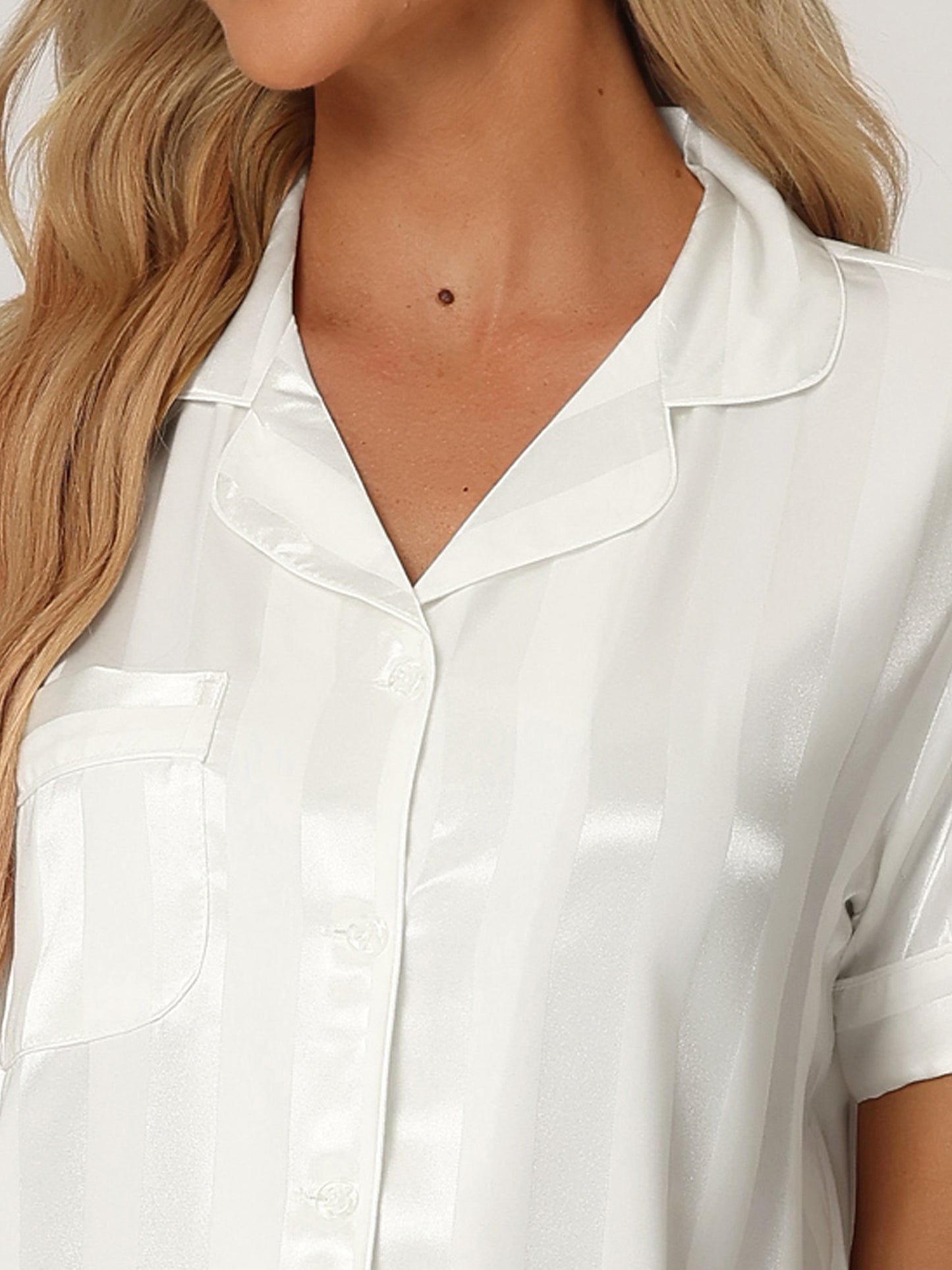 Women's Satin Button Down Sleepwear Striped Short Sleeve Long Pants Silky Pajama Set