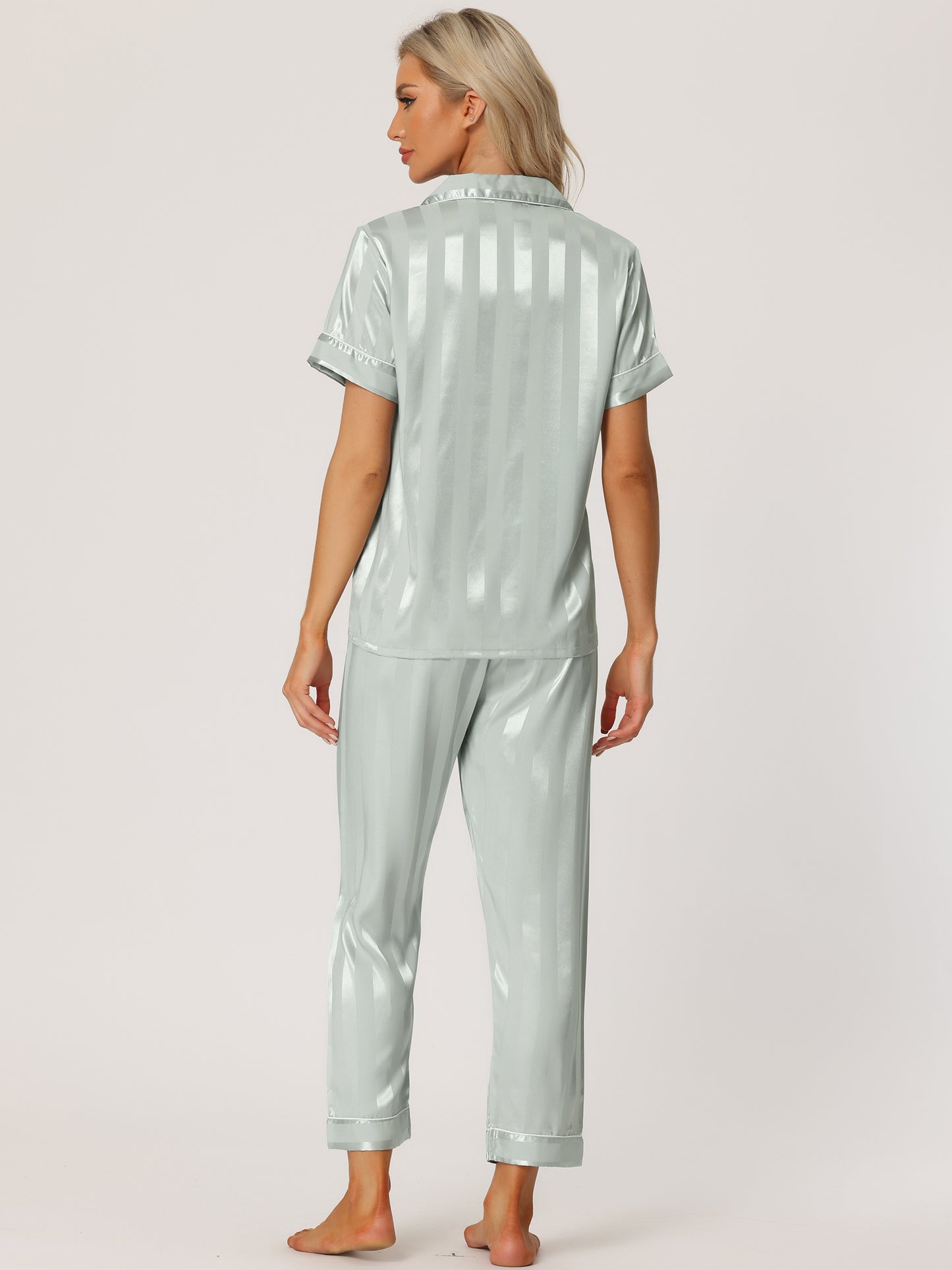 Women's Satin Button Down Sleepwear Striped Short Sleeve Long Pants Silky Pajama Set