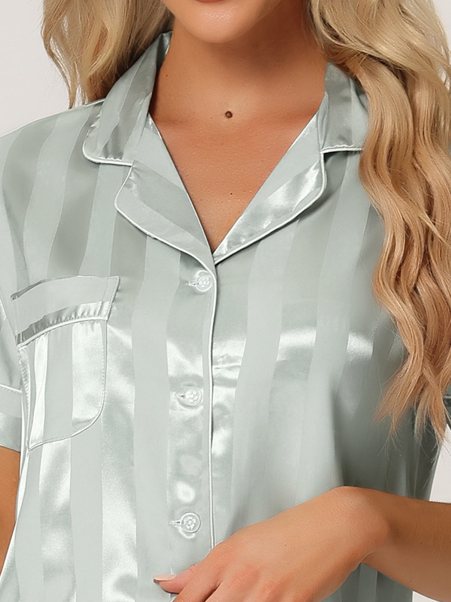Women's Satin Button Down Sleepwear Striped Short Sleeve Long Pants Silky Pajama Set