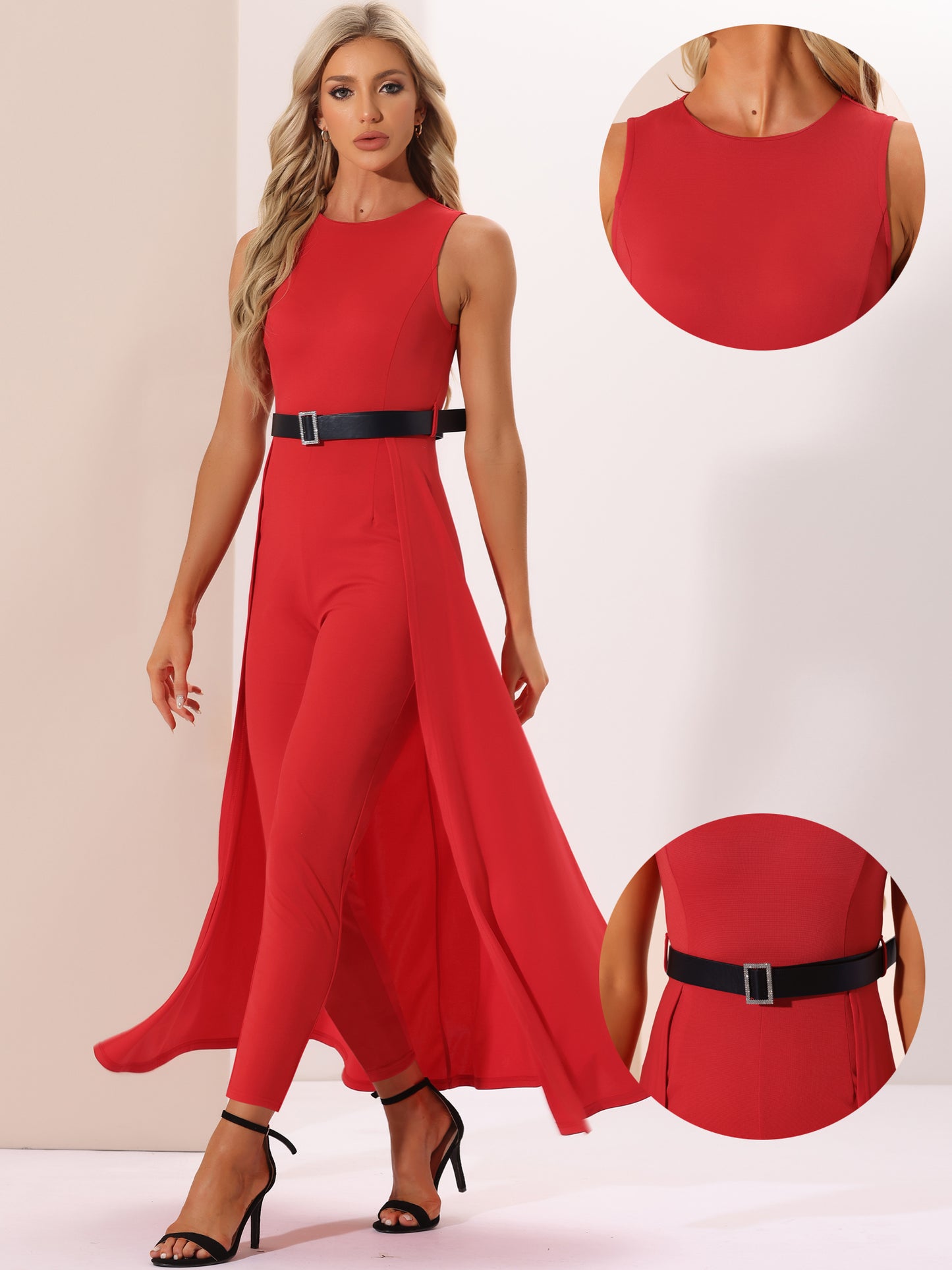 Mono elegante de mujer con diseño de patchwork, sin mangas y cintura alta con cinturón