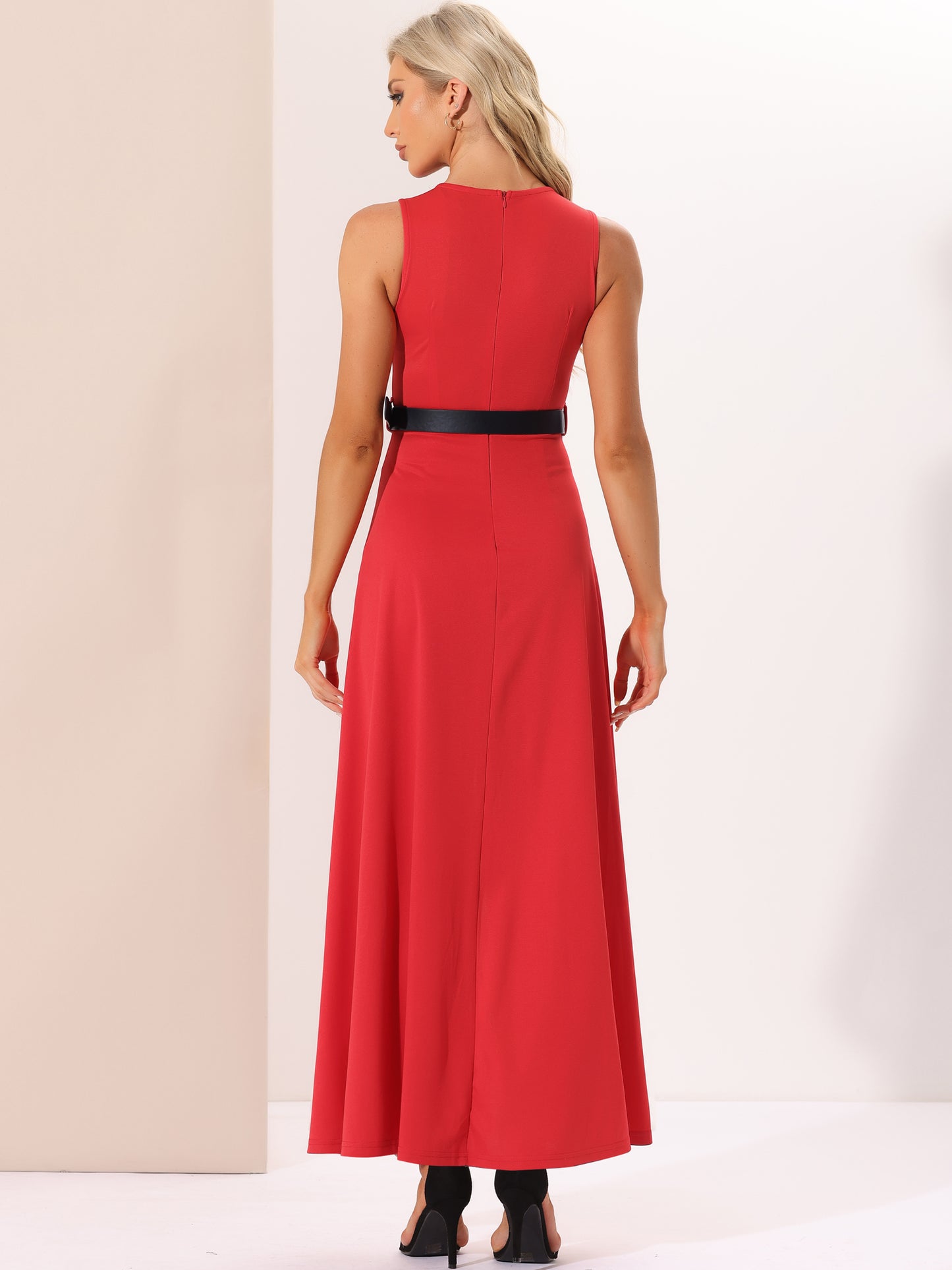 Mono elegante de mujer con diseño de patchwork, sin mangas y cintura alta con cinturón