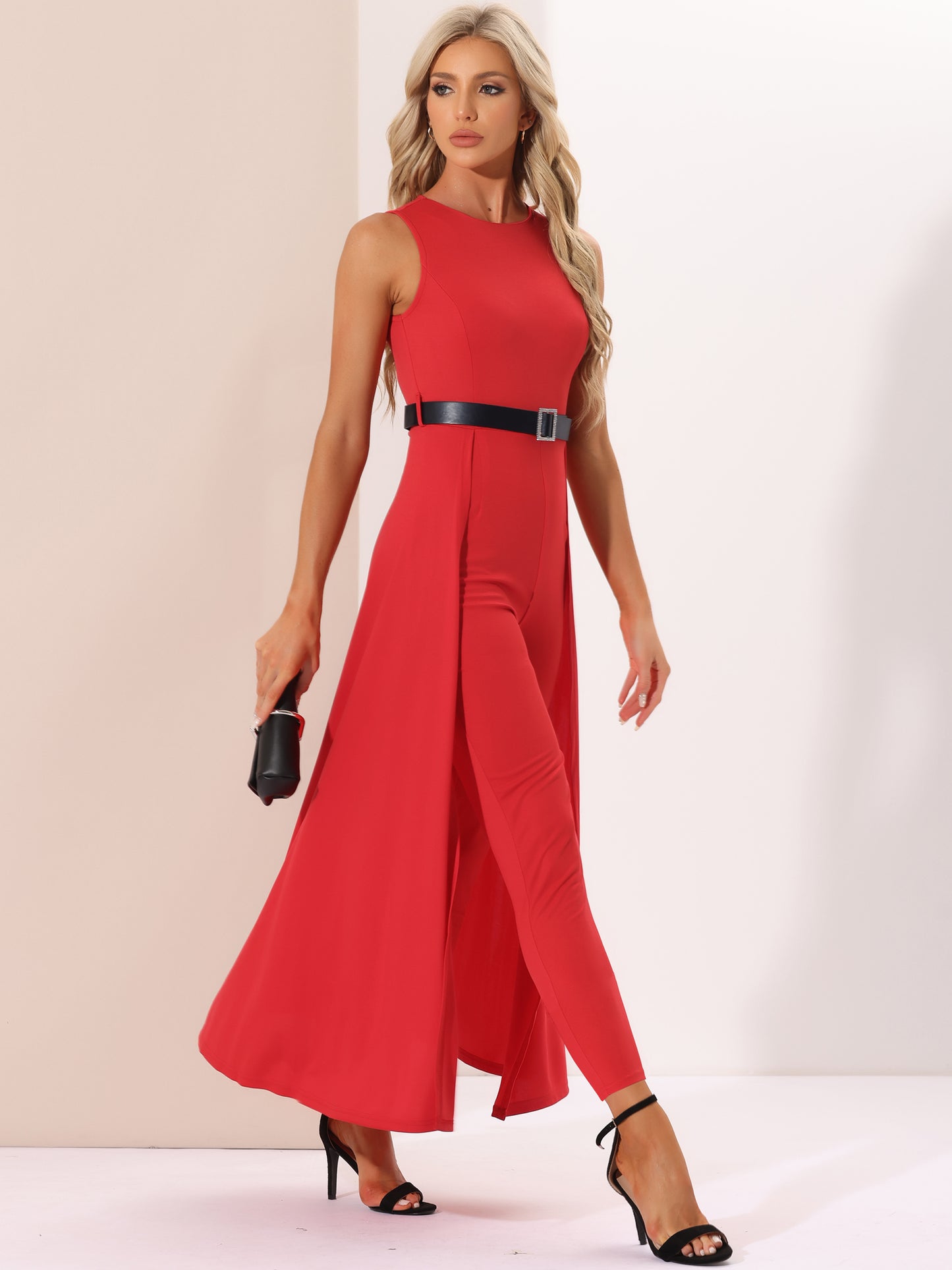 Mono elegante de mujer con diseño de patchwork, sin mangas y cintura alta con cinturón