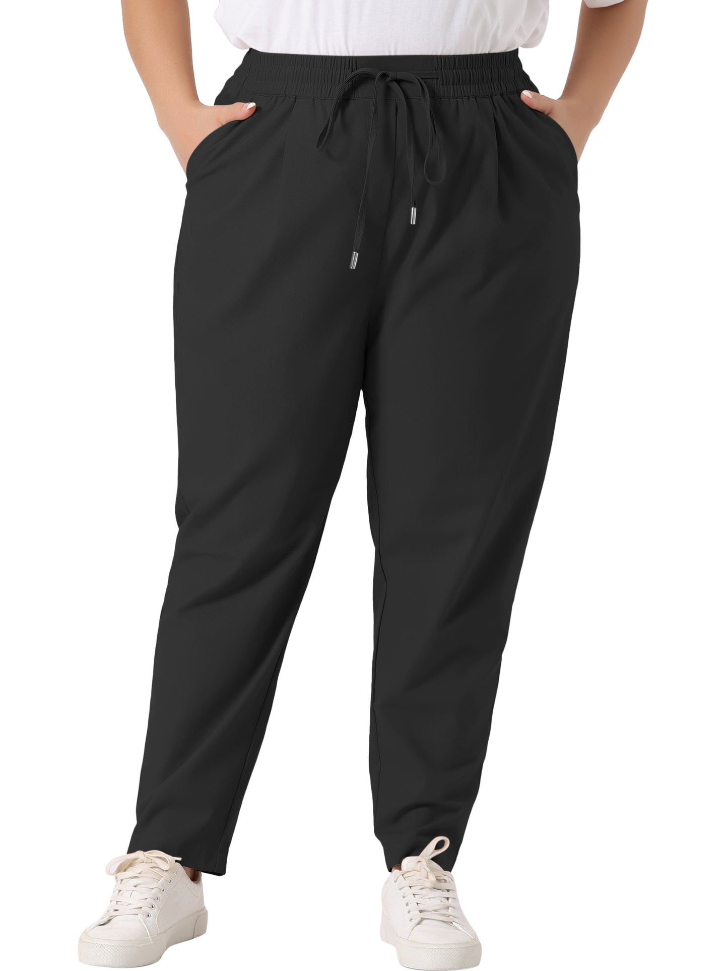 Women Plus Size Pants Straight Leg Drawstring Elastic Work Loose Trousers with Pockets