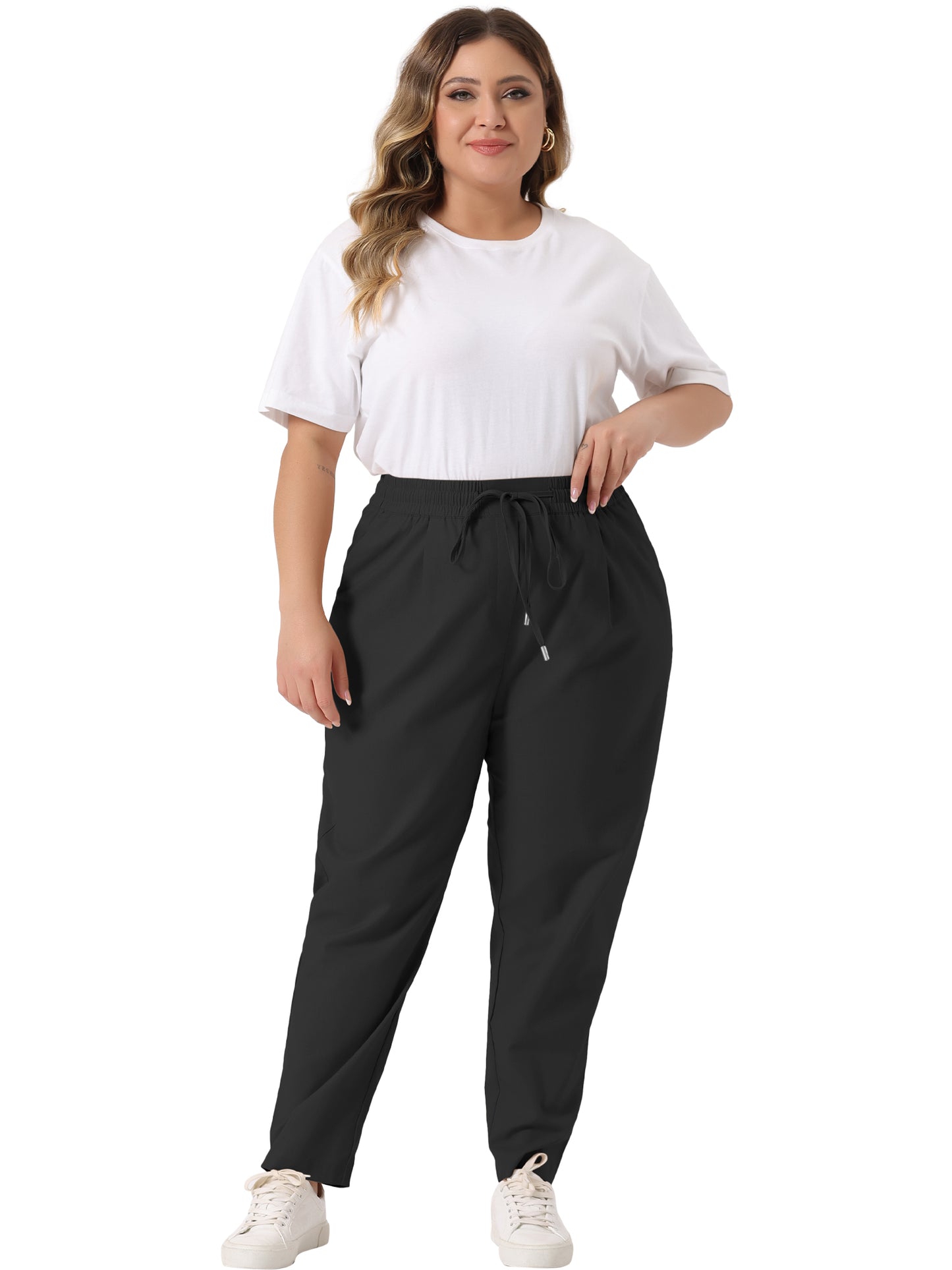 Women Plus Size Pants Straight Leg Drawstring Elastic Work Loose Trousers with Pockets