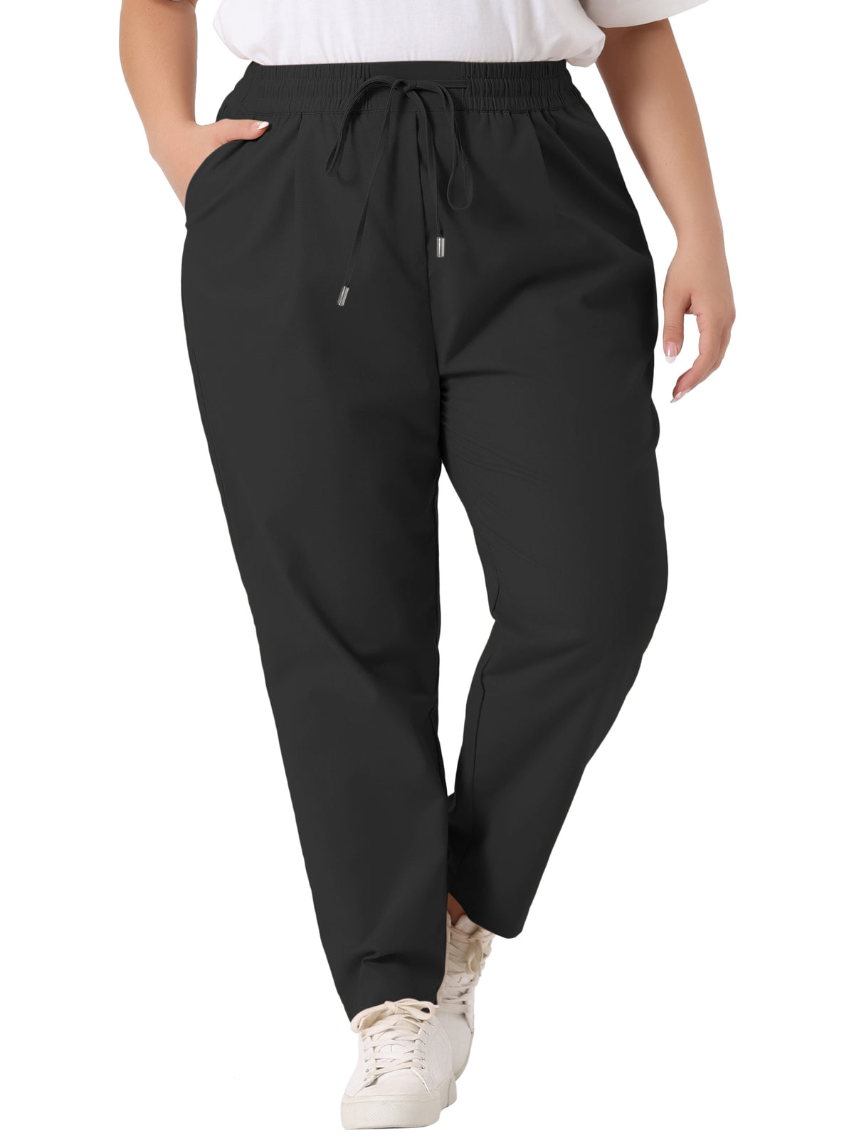 Women Plus Size Pants Straight Leg Drawstring Elastic Work Loose Trousers with Pockets