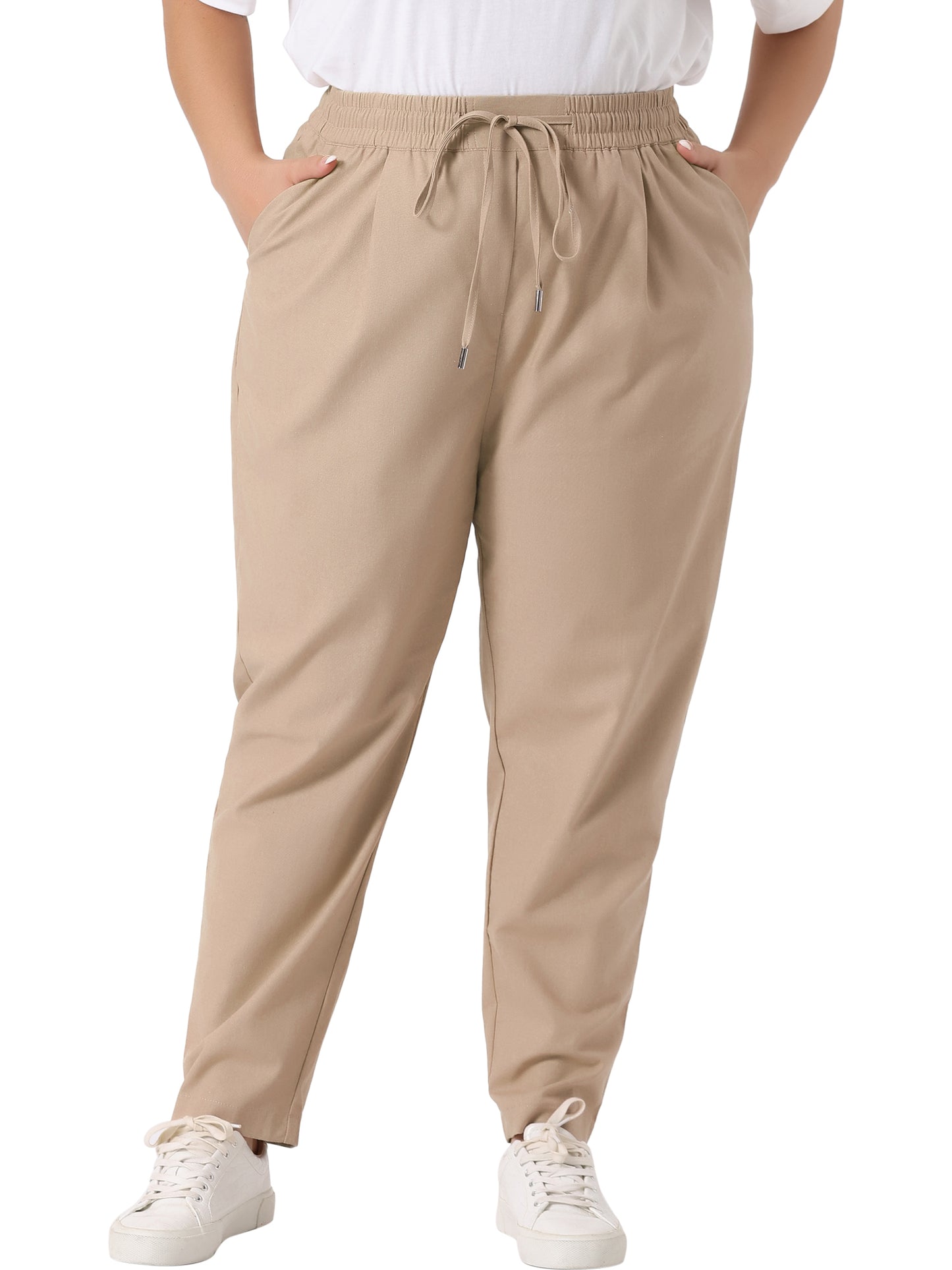 Women Plus Size Pants Straight Leg Drawstring Elastic Work Loose Trousers with Pockets