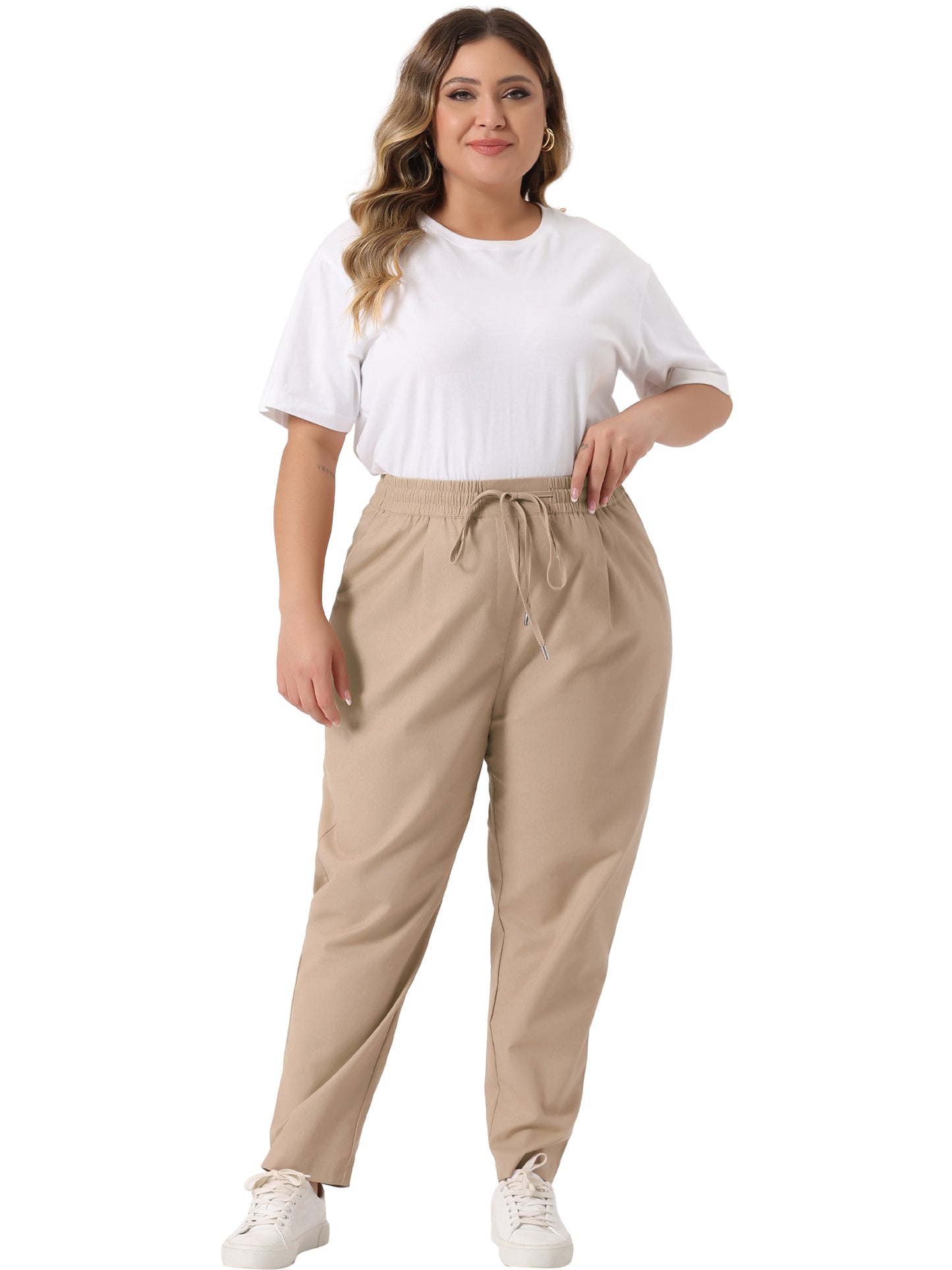 Women Plus Size Pants Straight Leg Drawstring Elastic Work Loose Trousers with Pockets