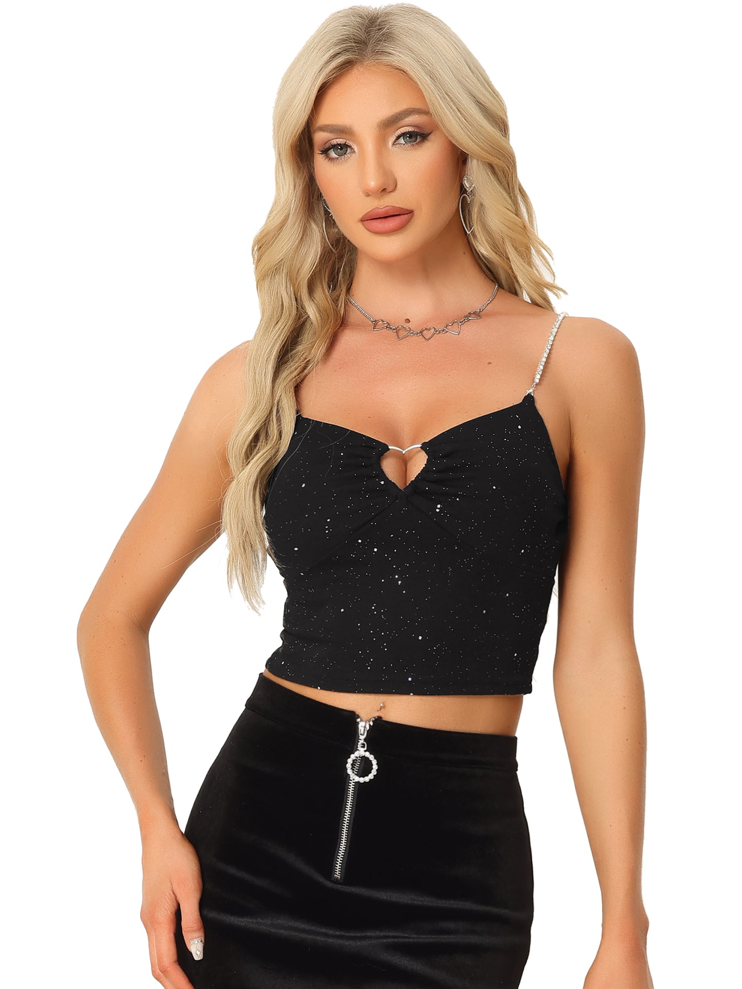 Women's Sexy Crop Top Sparkly Rhinestones Sleeveless Cut Out Spaghetti Straps Cocktail Party Tank Top