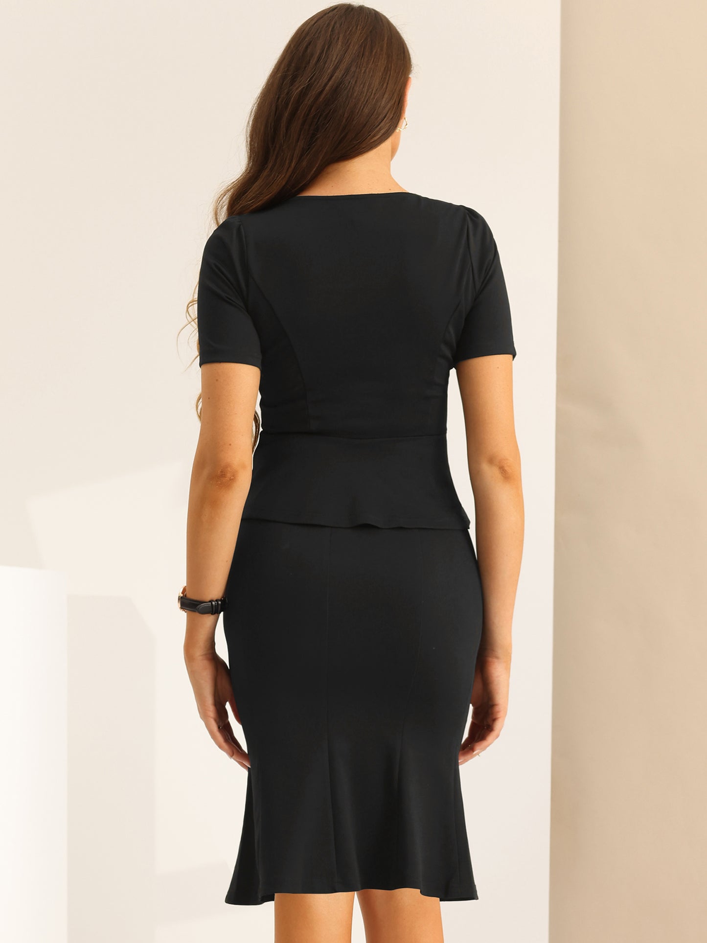 Women's 2 Piece Business Skirt Set Short Sleeve Peplum Top Fishtail Bodycon Skirt