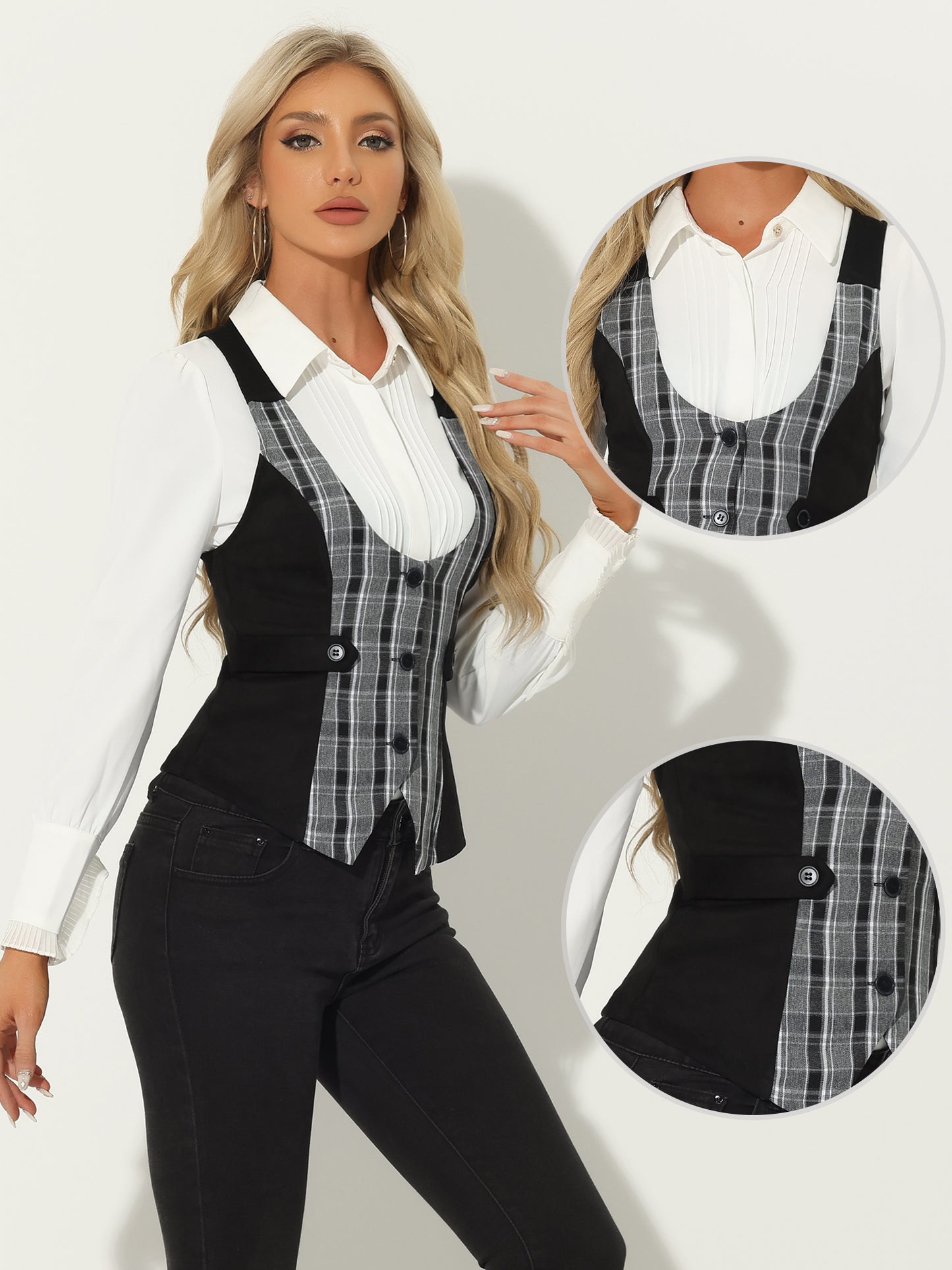 Women's Plaid Button Down Retro Faux Suede Panel Dressy Waistcoat Vest