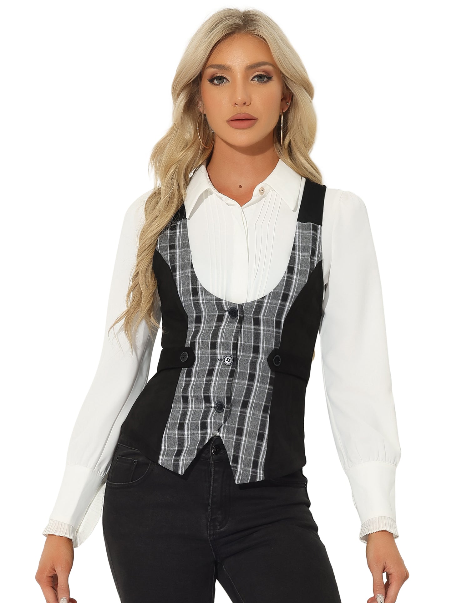 Women's Plaid Button Down Retro Faux Suede Panel Dressy Waistcoat Vest