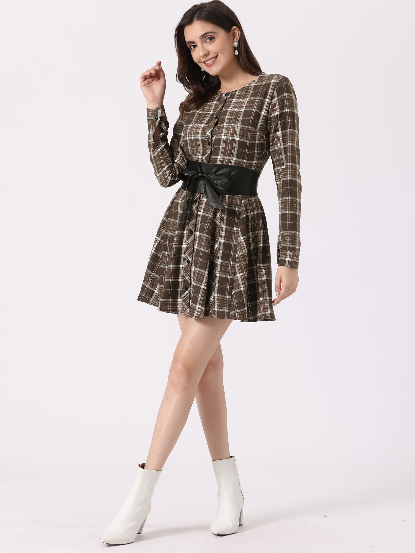 Women's Plaid Long Sleeve Button Down Belted Mini Shirtdress