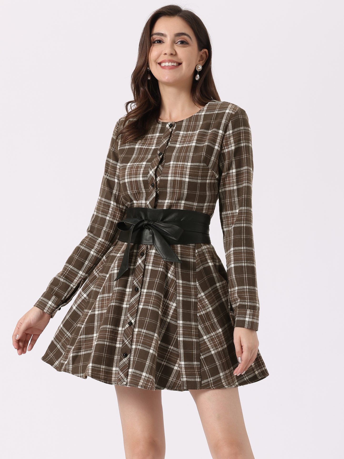 Women's Plaid Long Sleeve Button Down Belted Mini Shirtdress