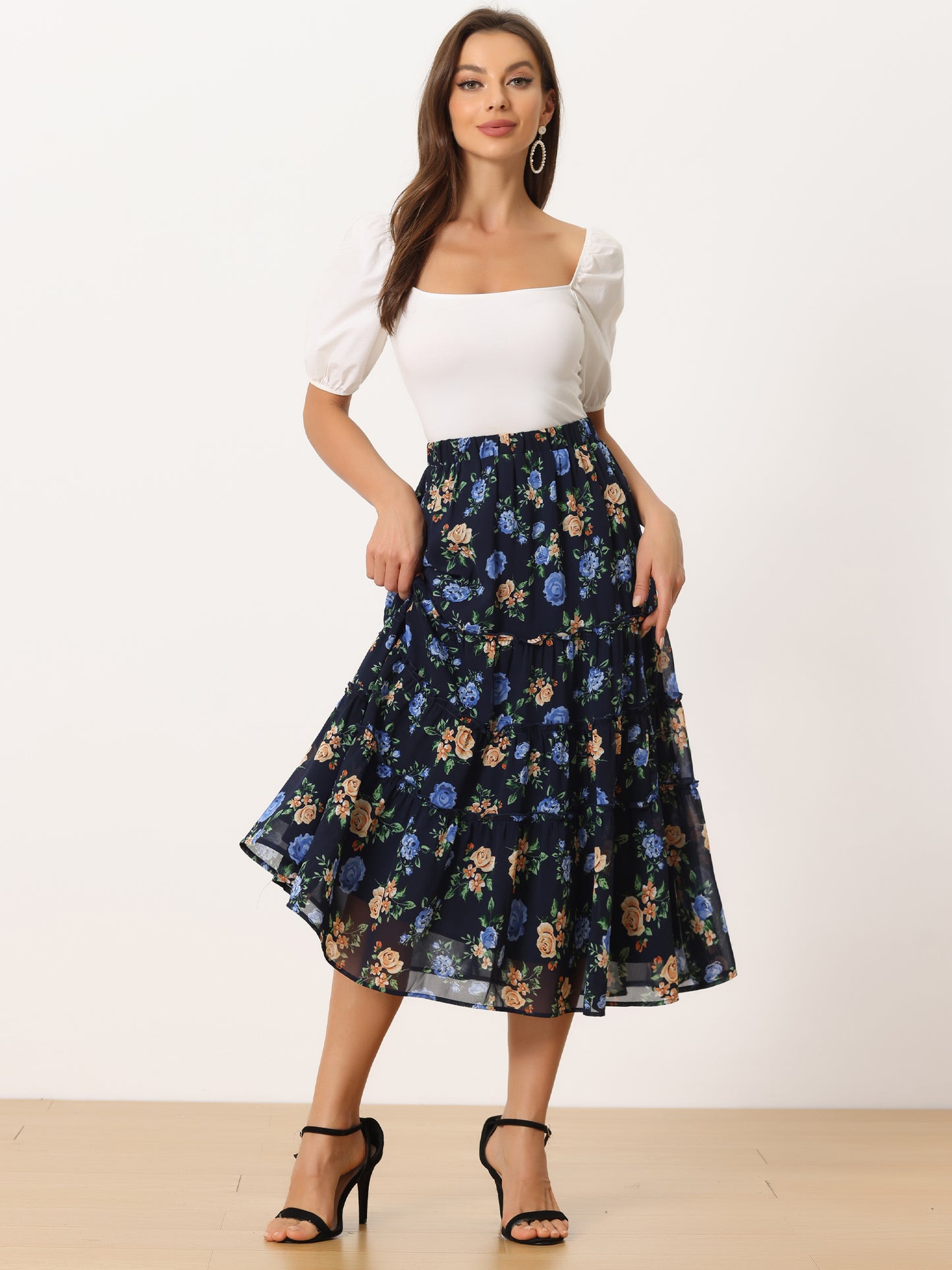 Women's Floral Skirts Chiffon A-line Long Tiered Ruffle Midi Skirt (Available in Plus Size)