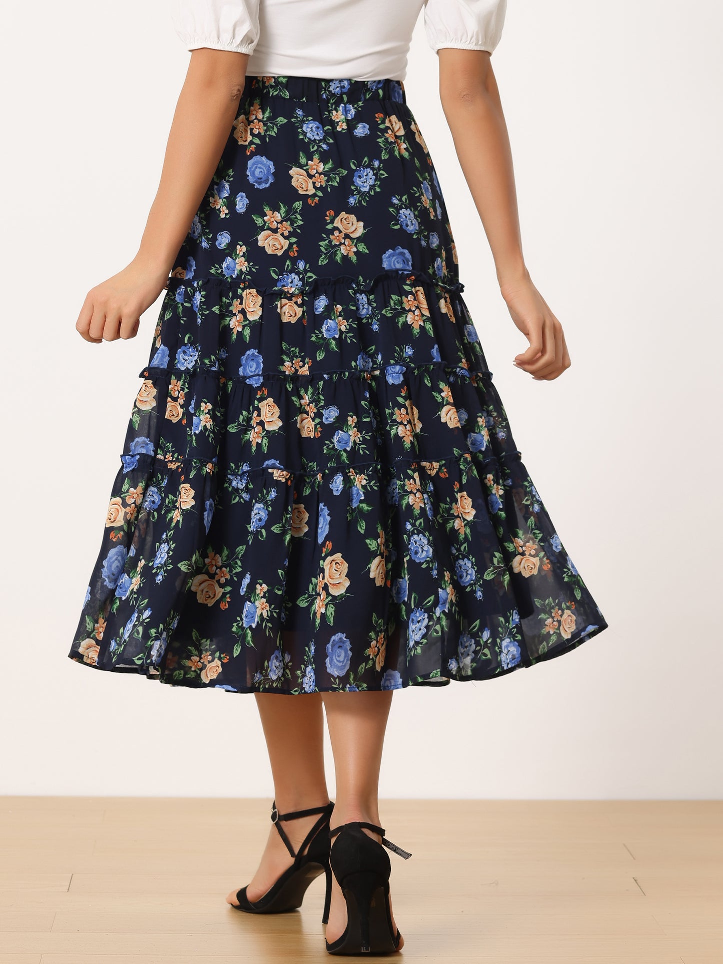 Women's Floral Skirts Chiffon A-line Long Tiered Ruffle Midi Skirt (Available in Plus Size)