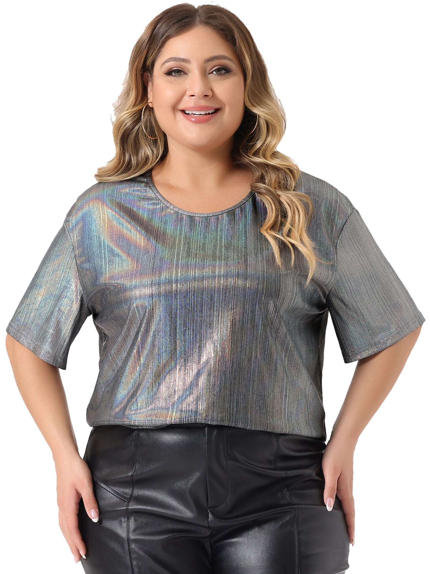 Women Plus Size Top Metallic Round Neck Short Sleeve T-Shirt Party Tee Top