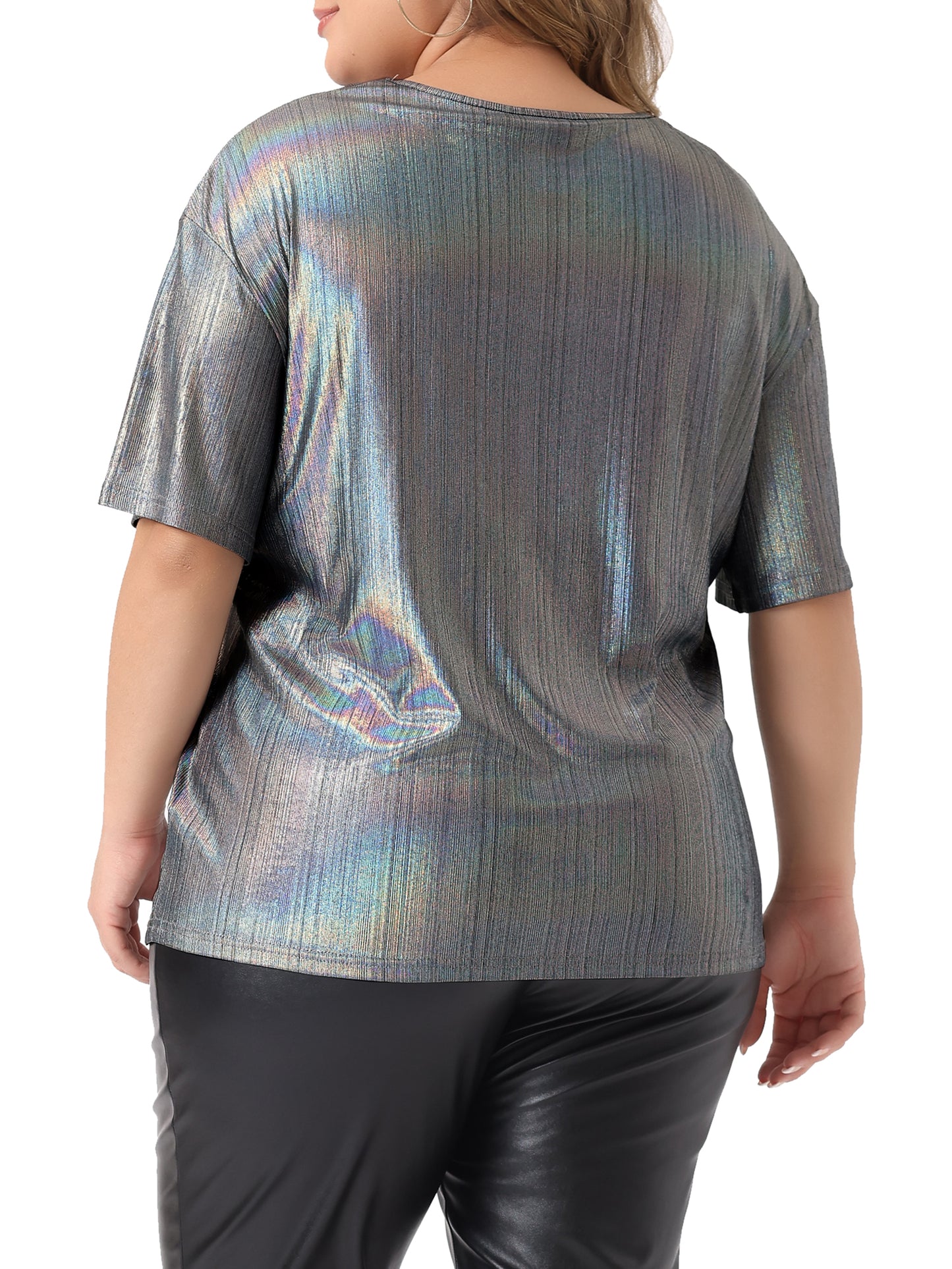 Women Plus Size Top Metallic Round Neck Short Sleeve T-Shirt Party Tee Top