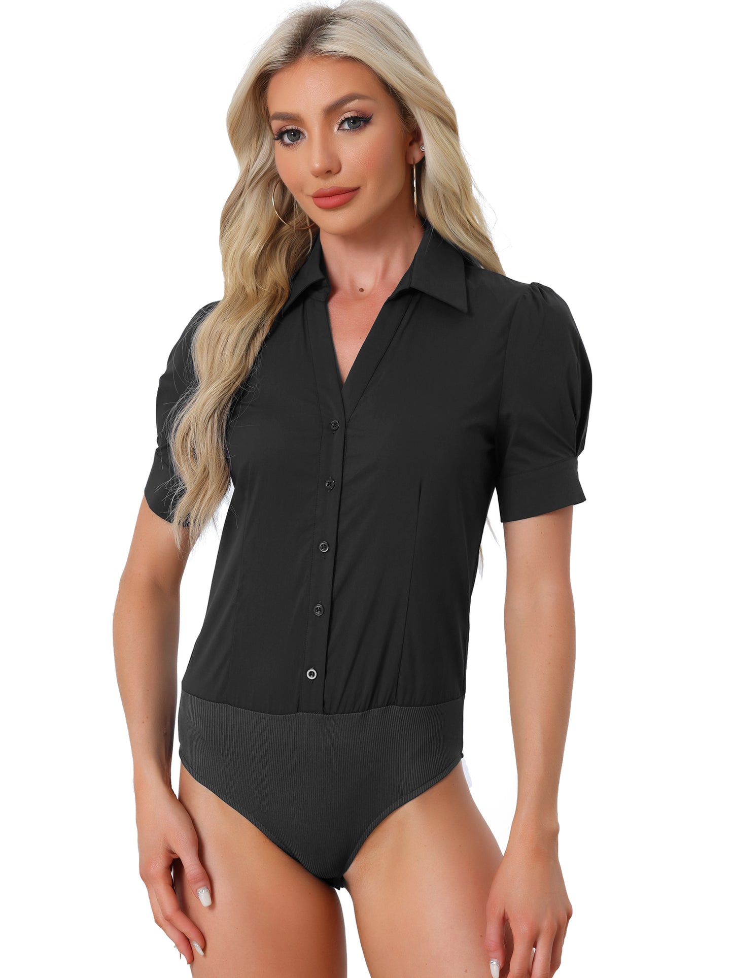 Women's Button Down Leotard Shirt Short Sleeve Collared Business Work Bodysuit Top