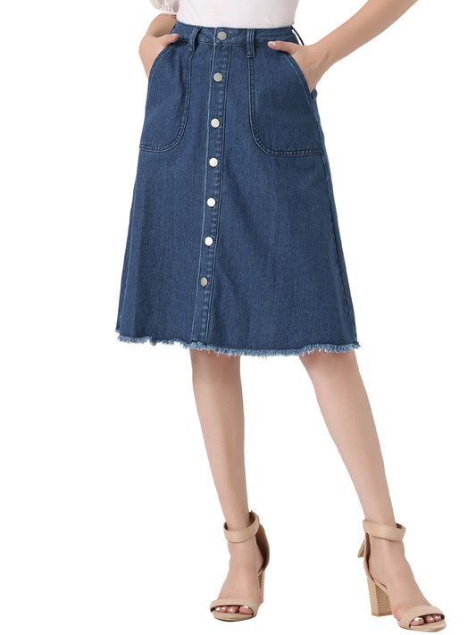 Women's Denim Skirts Raw Hem Button Down Midi Jeans Skirt